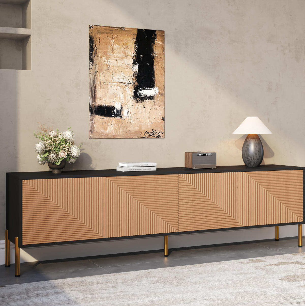 TV-SCHRANK mit 4 Türen 179 x 35 x 53,5 cm Schwarz/Natur - Schwarz, Holzwerkstoff (35/53.5/179cm) - Beauniv