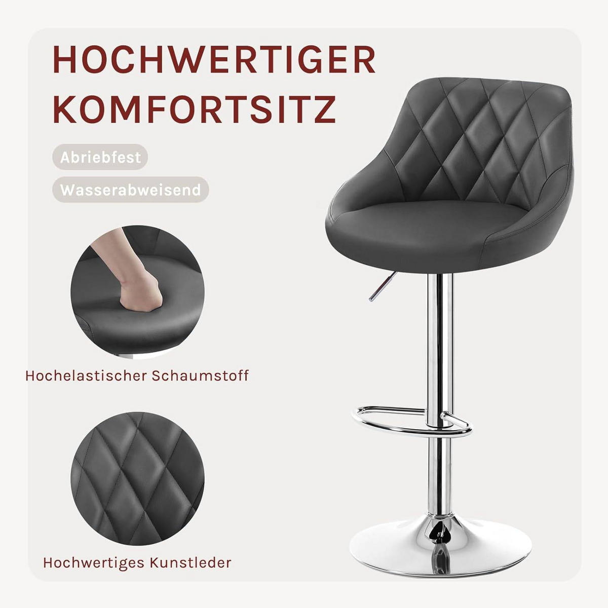 BARHOCKER 2er Set, Kunstleder,Höhenverstellbar, 360° Drehbar - Grau, Metall (47/104/39cm) - Woltu