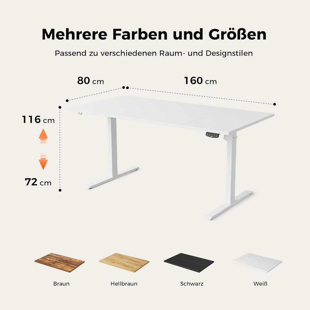 SCHREIBTISCH Höhenverstellbar Elektrisch 160 x 80 cm Weiß - Weiß, Metall (160/80/75cm)