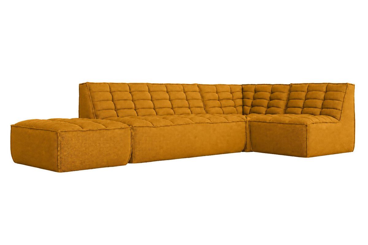ROHOVÁ SEDAČKA modulární ve tvaru L s taburetem, plyšová tkanina Pop, Hořčicová, Pravá strana, LAZY L s taburetem - žlutá, dřevo (333/173cm) - Kaiser Möbel