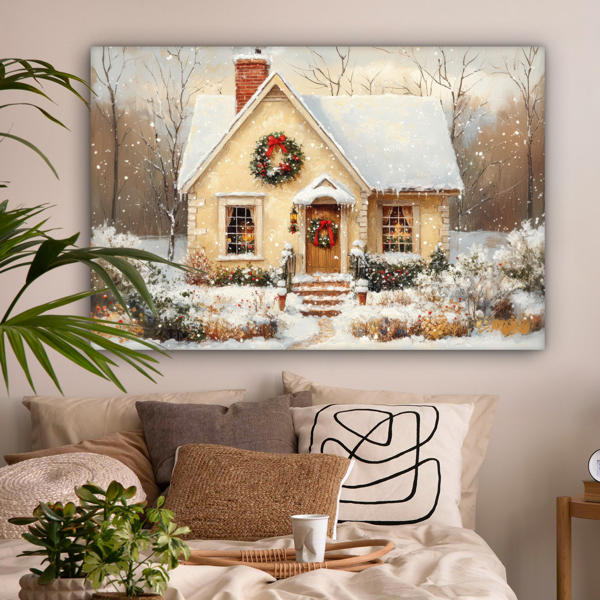 LEINWANDBILD Weihnachten - Zuhause - Winter - Schnee Wohnzimmer 120x80 cm - Creme, Textil (120/80cm) - MuchoWow