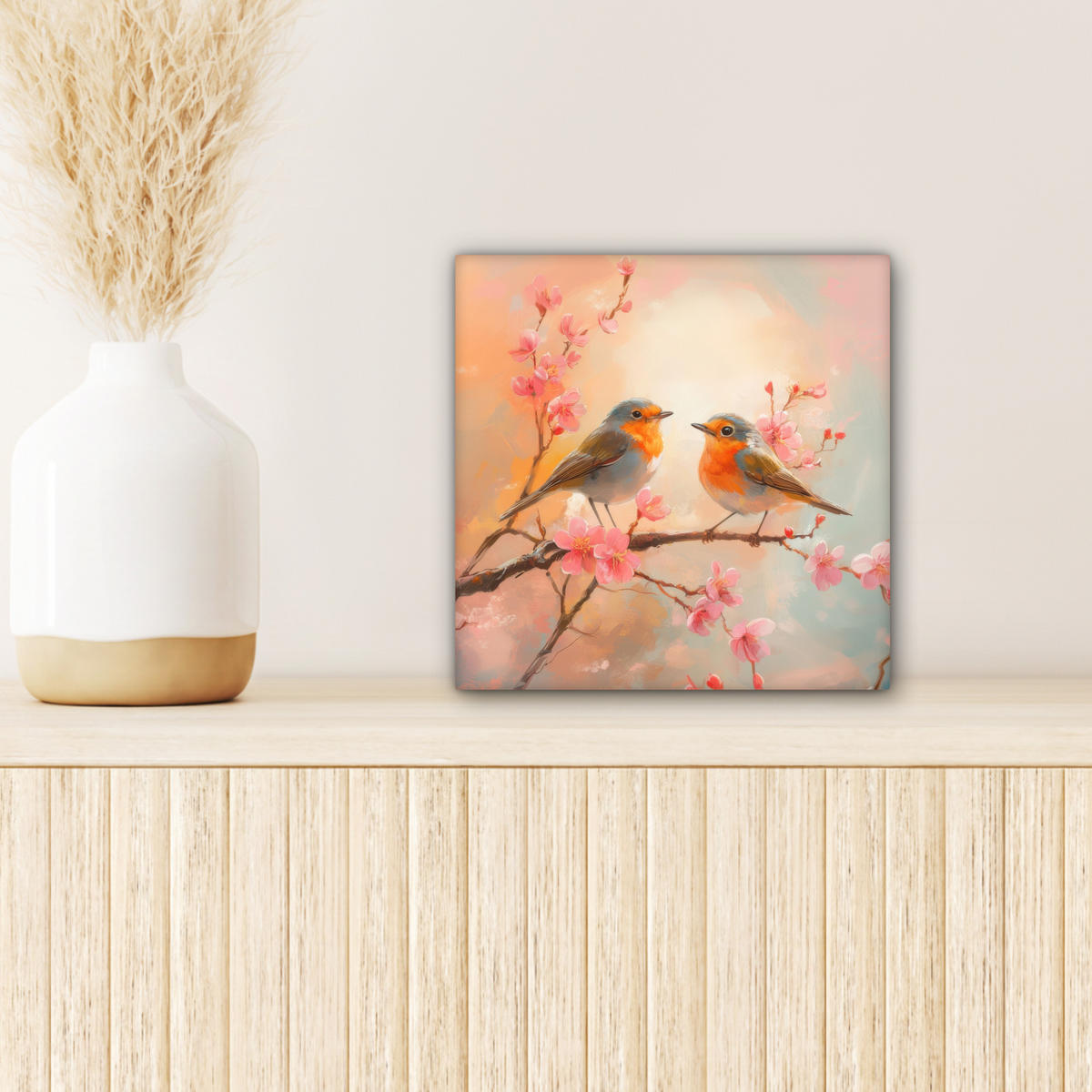 LEINWANDBILD Rotkehlchen - Zierpflanze - Blütenzweig Deko Wohnzimmer 20x20 cm - Hellrosa, Textil (20/20cm) - MuchoWow