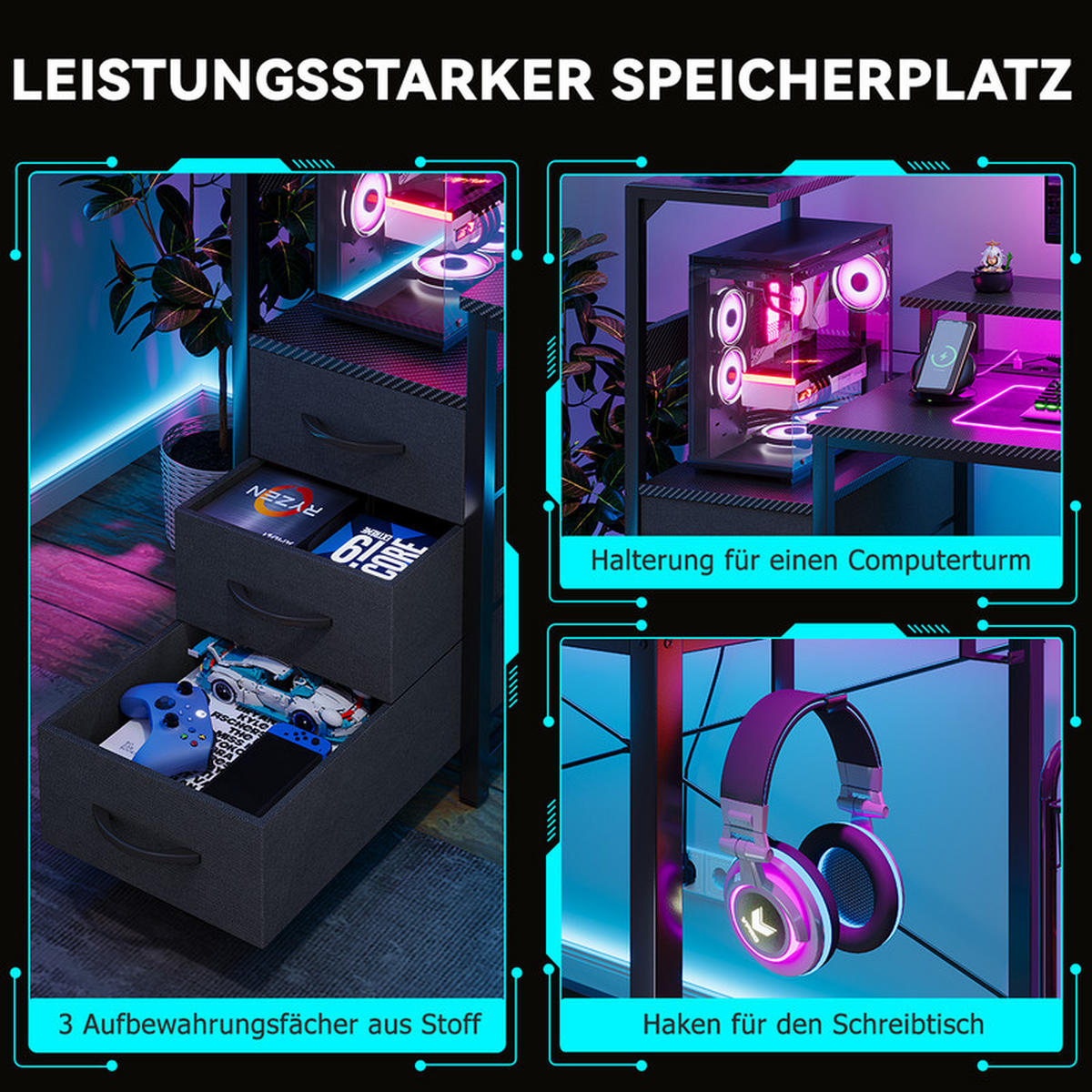 GAMINGTISCH mit Led, 150 x 50 x 75 cm, umkehrbarer Gamer-Schreibtisch mit Bildschirmunterstützung, 3 Schubladen, 2 Steckdosen und USB - Schwarz, Metall (150/48/75cm)