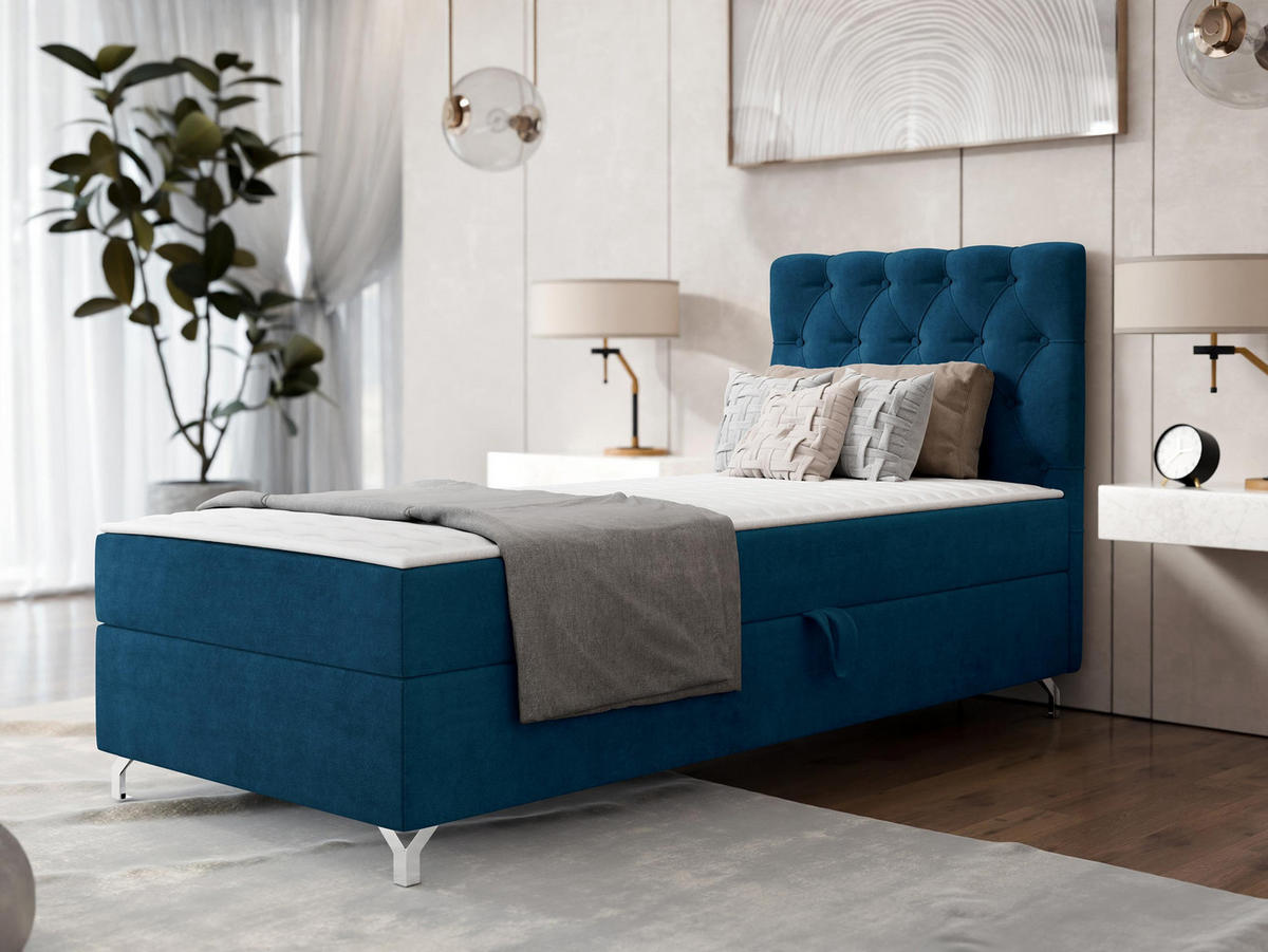 BOXBETT Chester 1, Seite: Rechts - Silberfarben/Dunkelblau, Holz/Textil (90/200cm) - MIRJAN24