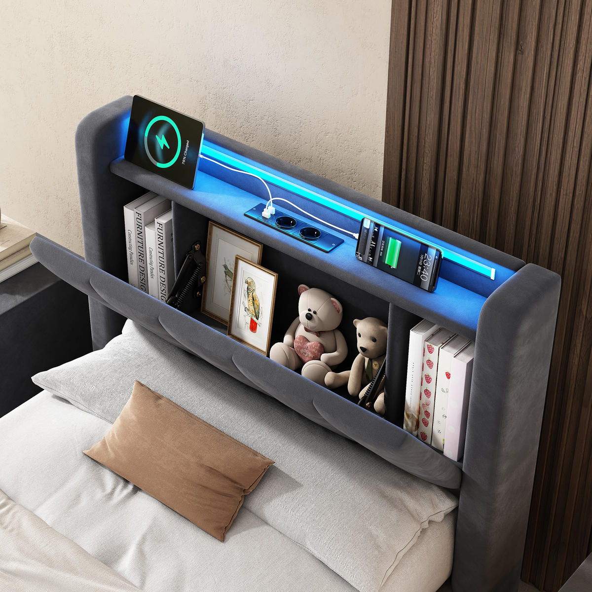 POLSTERBETT 90/190 cm Grau mit LED-Lichtleiste und USB-Anschlüssen - Grau, Holzwerkstoff (90/190cm) - OKWISH