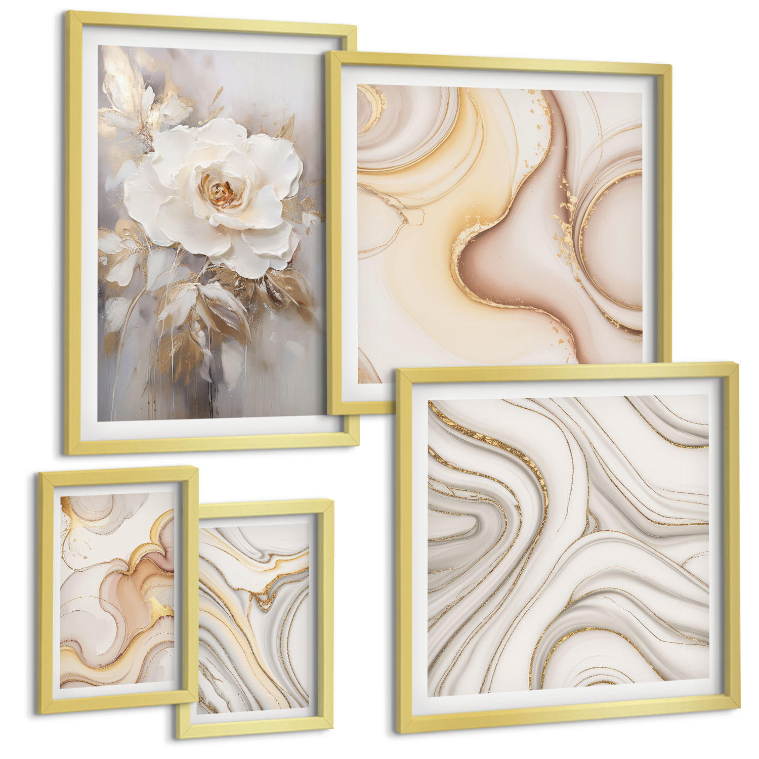 BILDER SET 5er Set - 50x50 cm & 20x30 cm & 40x60 cm Goldrahmen - Rose Eiffelturm Pferd Riesenrad S/W - Goldfarben, Kunststoff (40/60cm) - TULUP