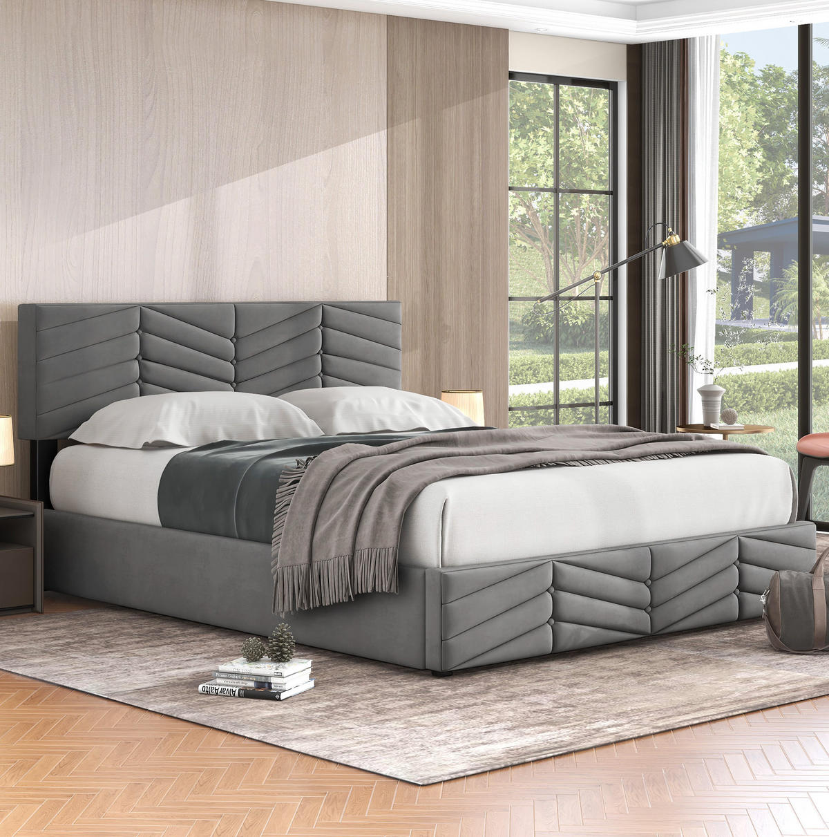 POLSTERBETT aus Samt 140x200 cm Grau mit hydraulischem Bettkasten und höhenverstellbarem Kopfteil - Grau, Textil (140/200cm) - IVMEU