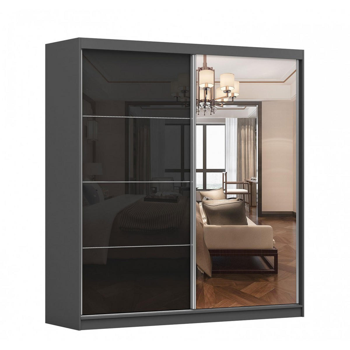SCHWEBETÜRENSCHRANK Multi 31 Grau, Schwarz mit Spiegel + LED - Beleuchtung 203 cm - Schwarz/Alufarben, Glas/Holzwerkstoff (203/218/61cm) - imoebel24