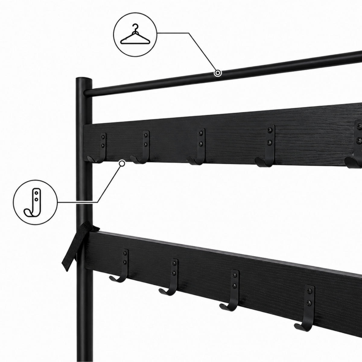 KLEIDERSTÄNDER MDF Metall Schwarz mit Sitzbank Haken und Schuhablagen 70x32x175 cm - Schwarz, Holzwerkstoff/Metall (70/175/32cm) - Begryf