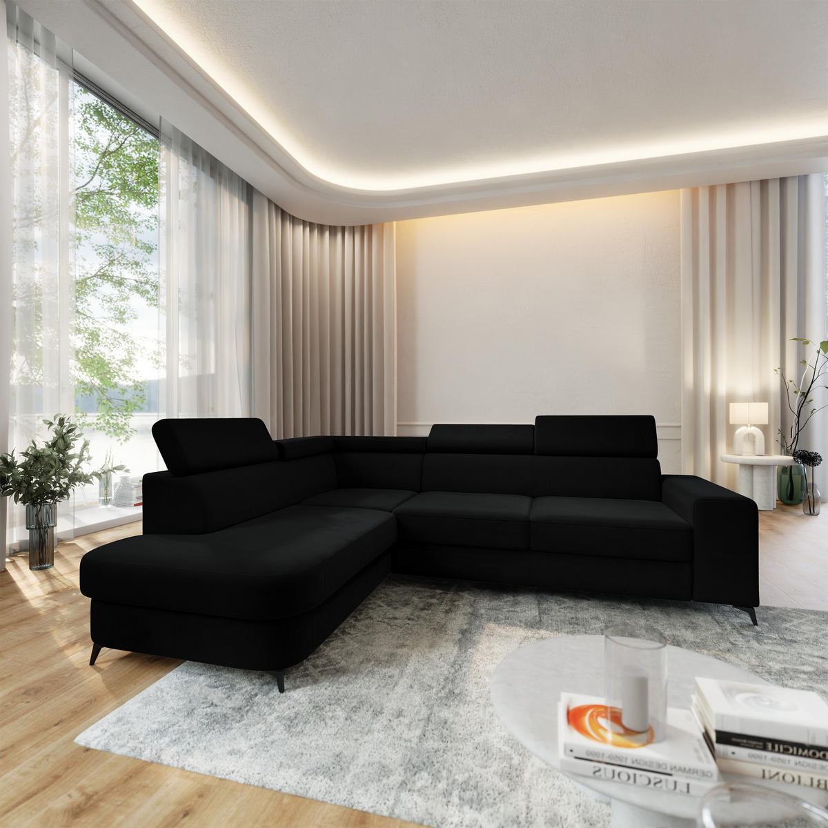 ECKSOFA ALVORO L-S Schwarz Velours-Stoff mit Schlaffunktion - Schwarz, Holz (253/190cm) - MASSENO