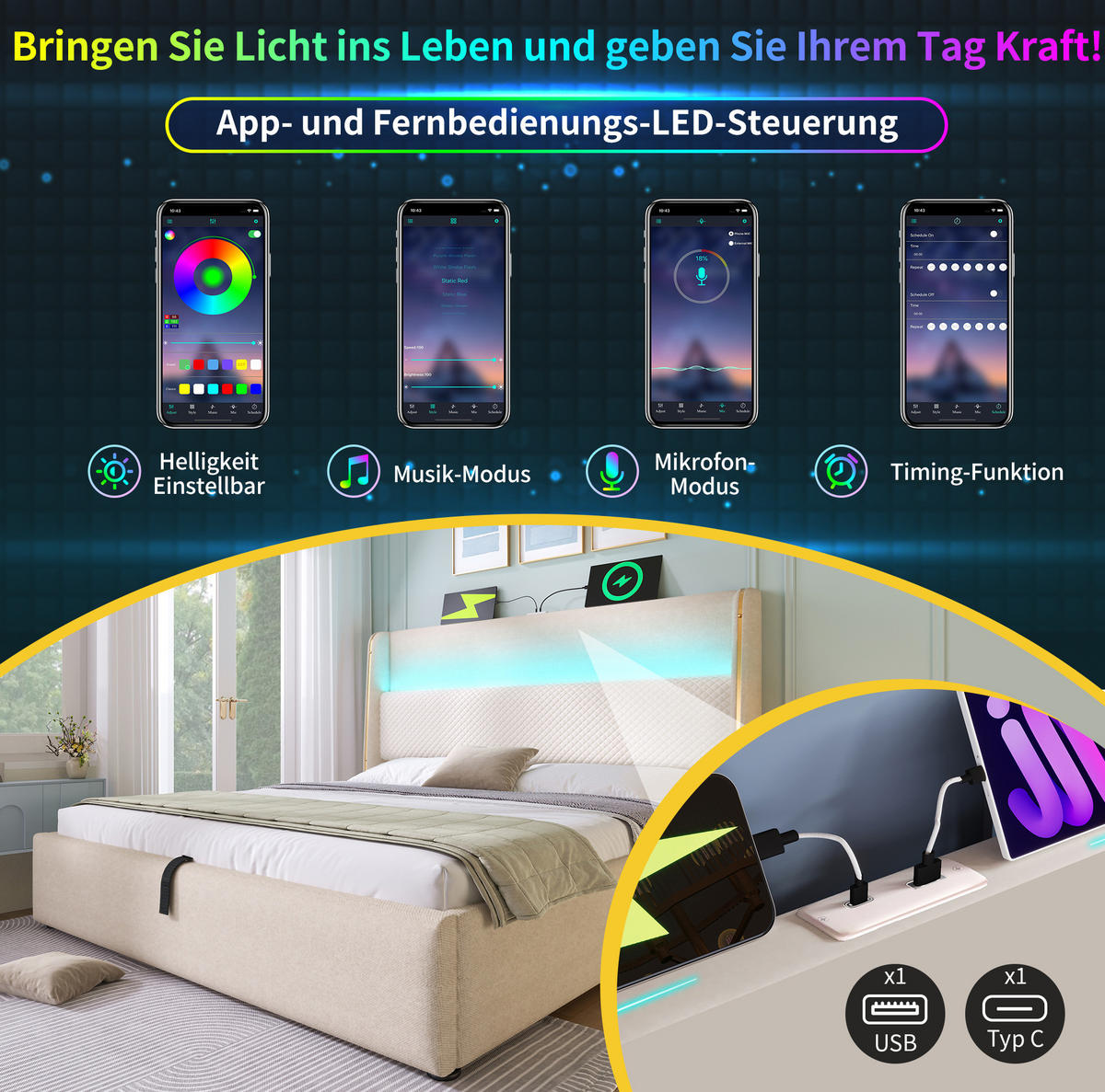 POLSTERBETT 160/200 cm Beige aus Leinen mit LED-Beleuchtung und Stauraum - Beige, Textil (160/200cm) - OKMYHOME