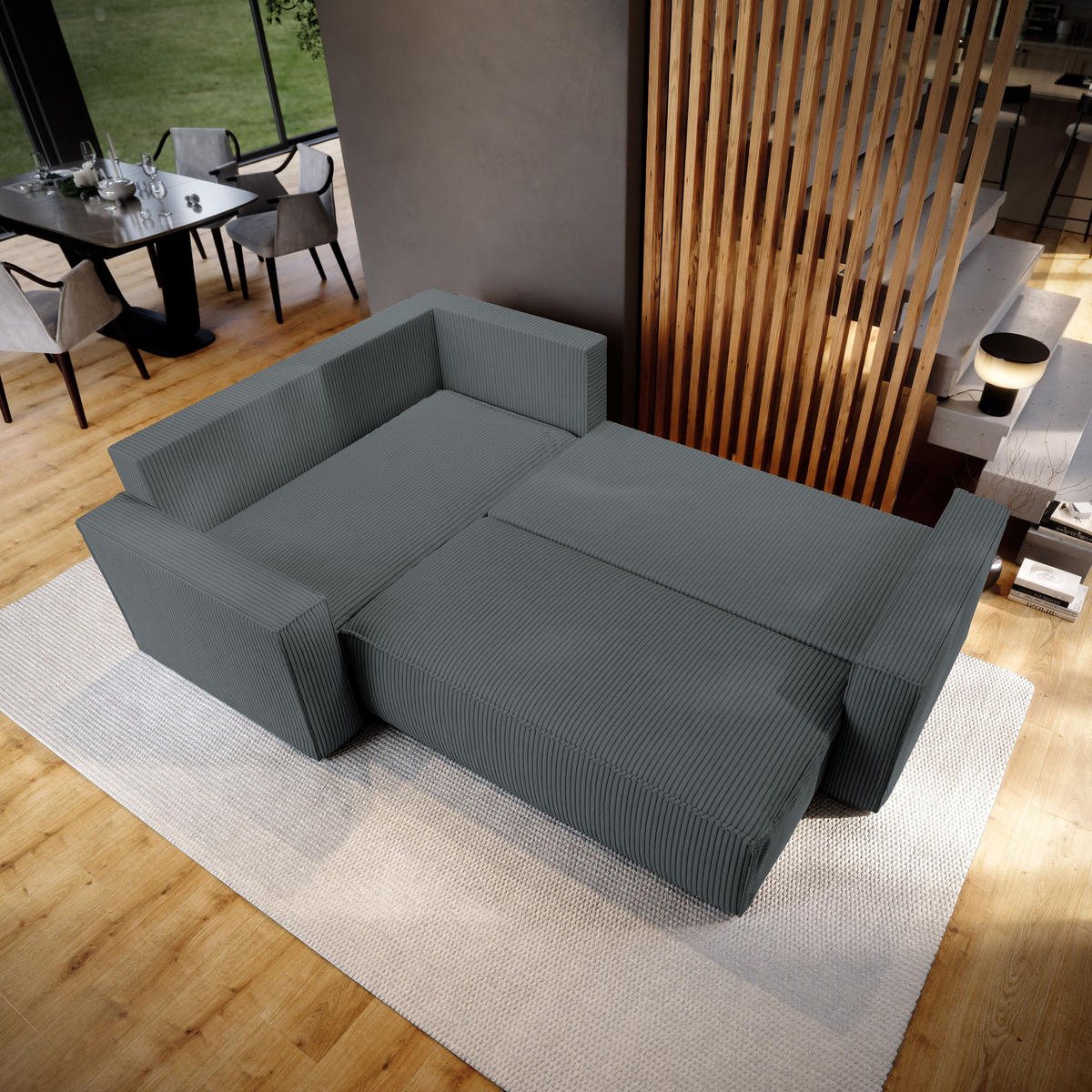 ECKSOFA ESTANO L-S Grau Kordstoff mit Schlaffunktion - Grau, Holz (230/158cm) - MASSENO