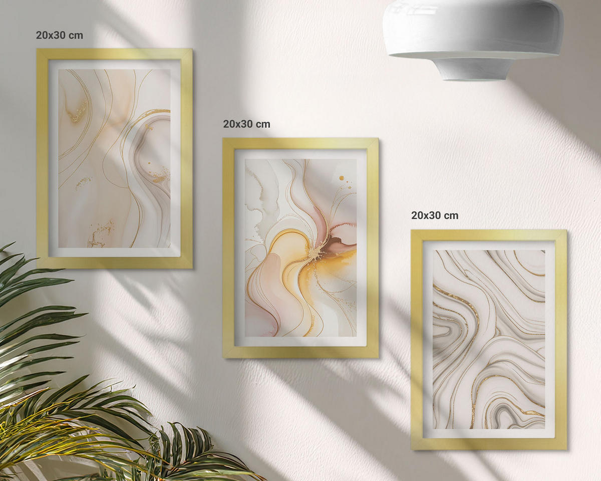 WANDBILDER 3er Set - 20x30 cm Goldrahmen - Abstrakte warme Muster - Goldfarben, Kunststoff (20/30cm) - ArtPrintCave