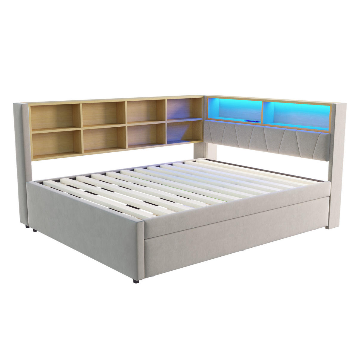 BETT 140/200 cm Hellgrau mit Ausziehbett, LED-Beleuchtung und Stauraum - Hellgrau, Textil (90/190cm) - Flora Grace
