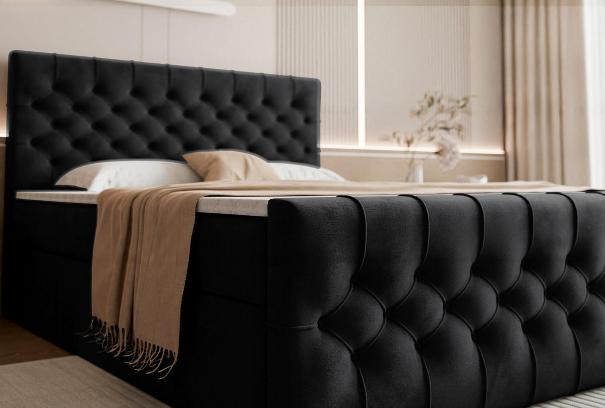 BOXSPRINGBETT Aurora mit Bettkasten, Schwarz Samt 160x200 cm – inkl. H3 Matratze und Topper - Schwarz, Holzwerkstoff/Kunststoff (160/200cm) - WFL GROUP