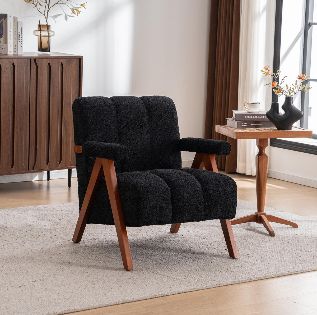 SESSEL aus Bouclé in Gelb mit Eichenholzgestell, modern und kompakt,77/68.5/77 cm - Schwarz, Holz (77/77/68.5cm) - BEAOK