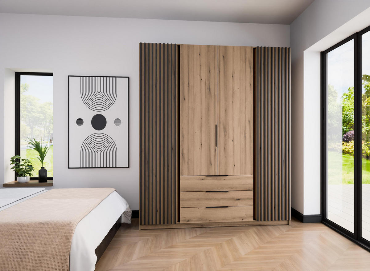 KLEIDERSCHRANK Nehir Korpus Eiche Evoke, Front Eiche Evoke/Schwarz 200 cm - 4T3S Modern mit Schubladen und 2 Lamellentüren außen - Eichefarben, Holzwerkstoff/Kunststoff (200/239/61.9cm) - AX Living