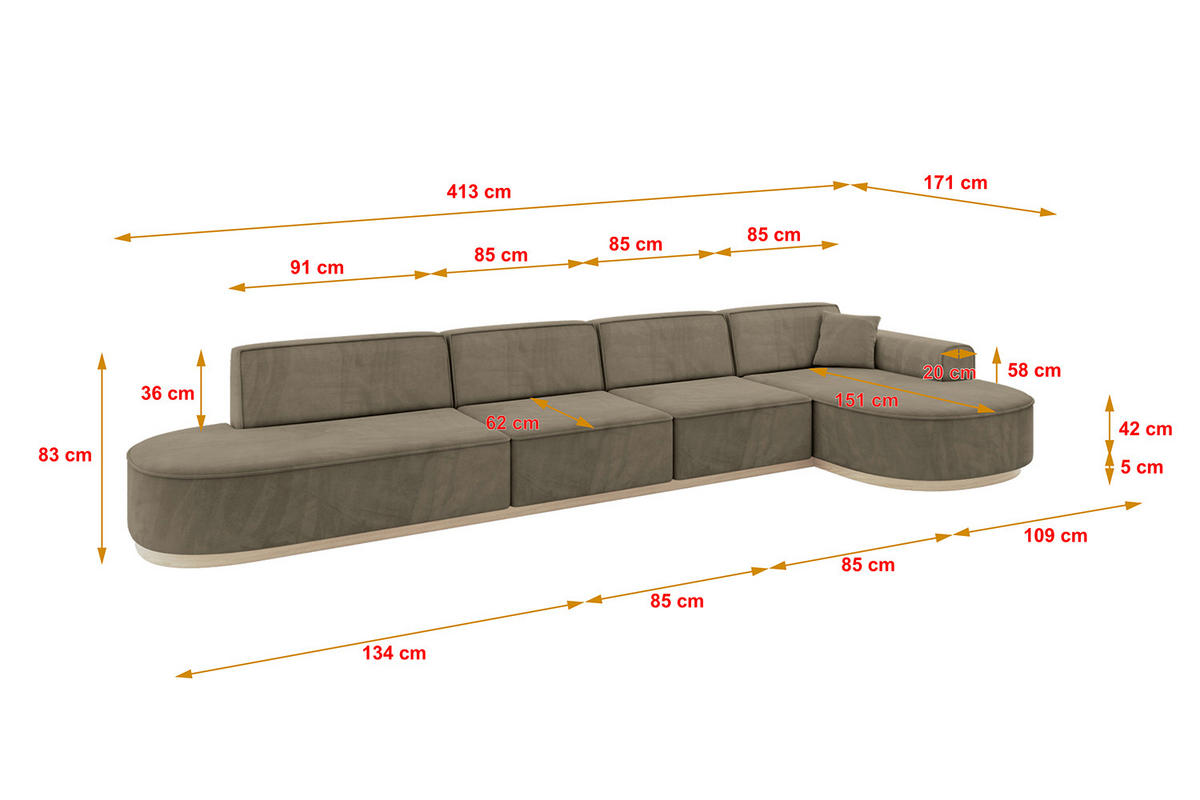 ECKSOFA Ottomane Rechts MARI-L3-v1 - 413x171x83 cm Dunkelbraun Velours - Dunkelbraun, Holzwerkstoff/Textil (171/413cm) - ALTDECOR