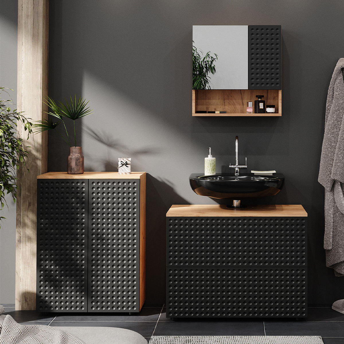 BADSPIEGELSCHRANK Irma Anthrazit gepunktet 54 x 55 cm - Honigeiche/Anthrazit, Holzwerkstoff (54/55/16.9cm) - Vicco