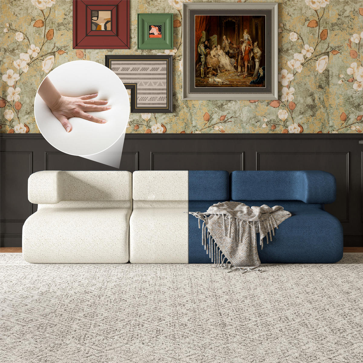 SOFA Modulares Sofa Kommaform Blau Linke Armlehne - Blau, Textil (76/66/90cm) - Vercart