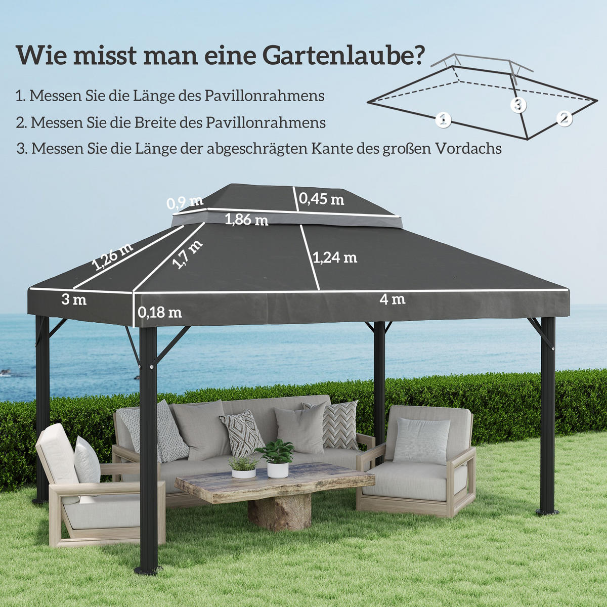 PAVILLON-ERSATZDACH, 3 x 4 m, Ersatzplane mit Wasserablauf-Öffnungen, Polyester, Sonnenschutz, UPF30+, Dunkelgrau - Dunkelgrau, Textil (400/1/300cm)
