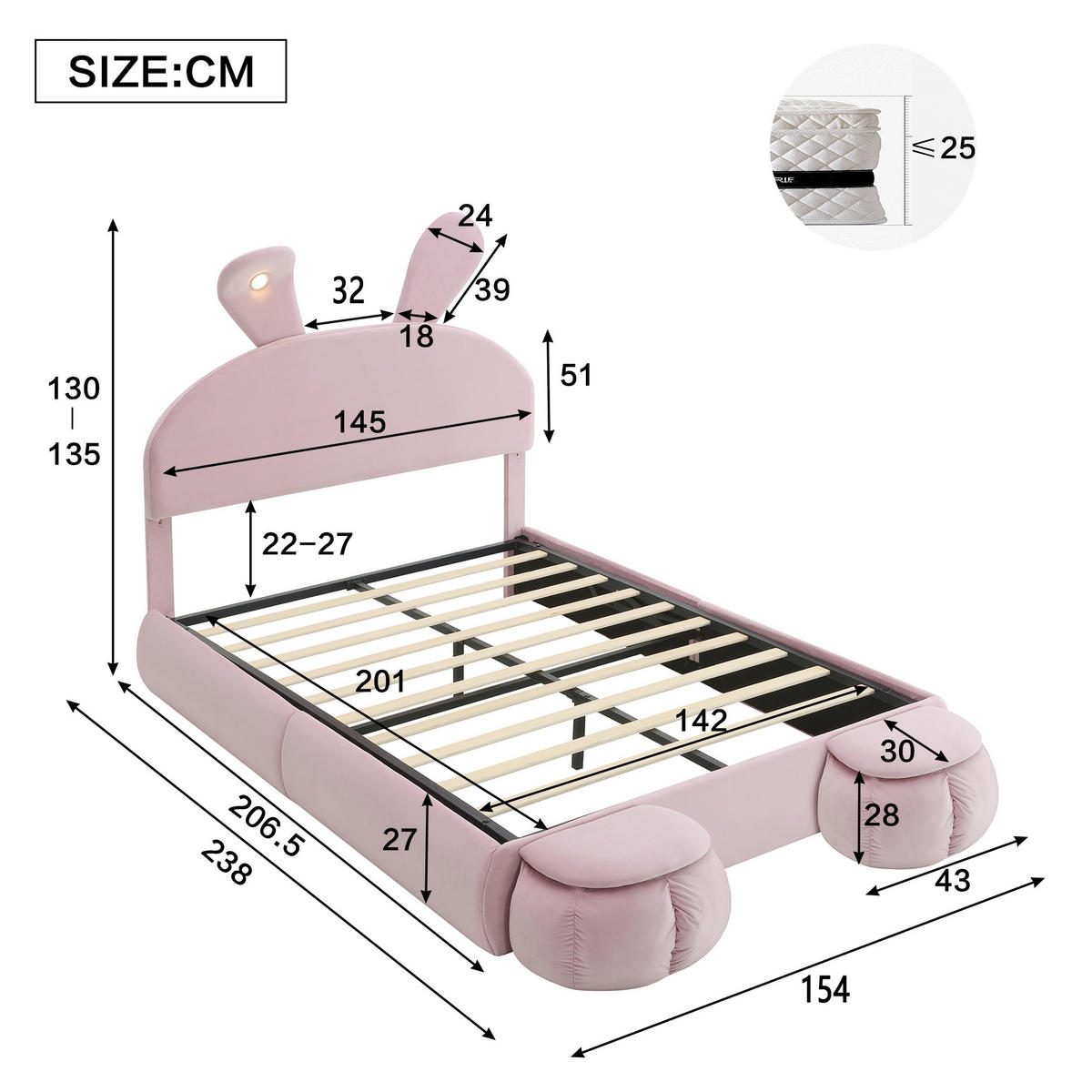 POLSTERBETT 140/200 cm rosa aus Samt mit LED-Hasenohren und Bettkasten - Rosa, Textil (140/200cm) - OKWISH