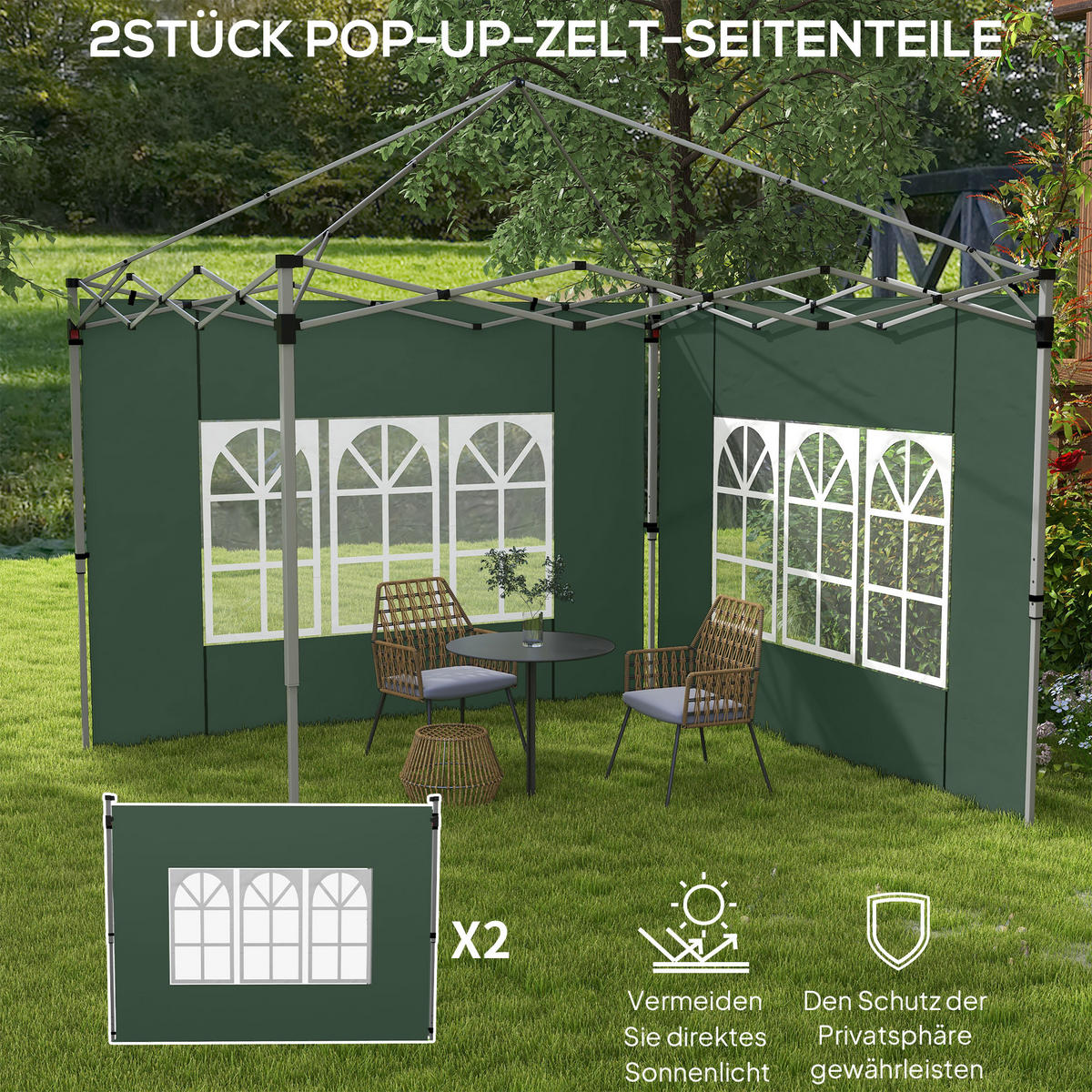 2ER-SET Seitenteile für Pavillon 3x3/3x4 m, Seitenwand mit Fenster, wasserdicht - Grün, Kunststoff/Textil (295/195/1cm) - Outsunny