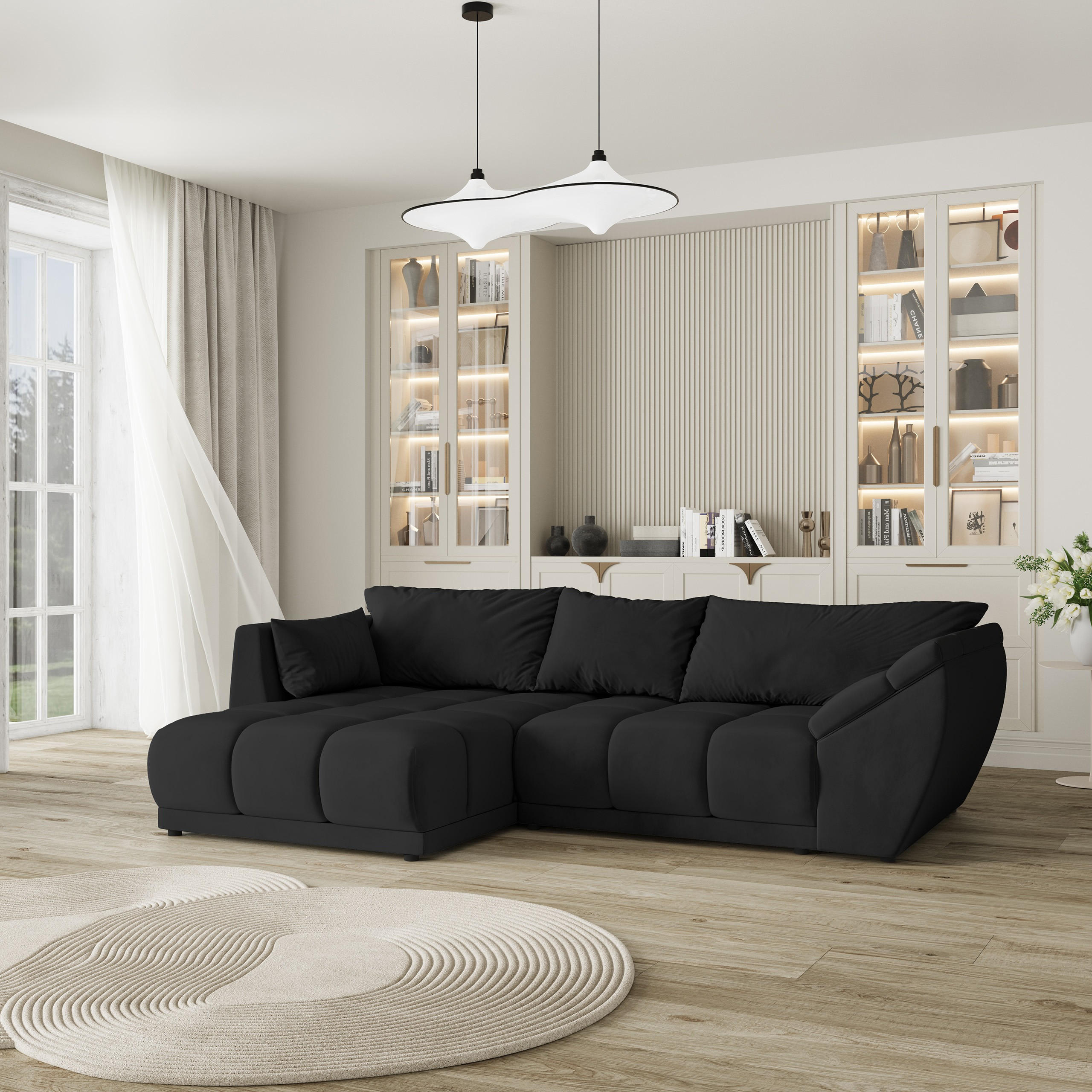 ECKSOFA ORENTI L-S Schwarz Velours-Stoff mit Schlaffunktion - Schwarz, Holz (287/182cm) - MASSENO