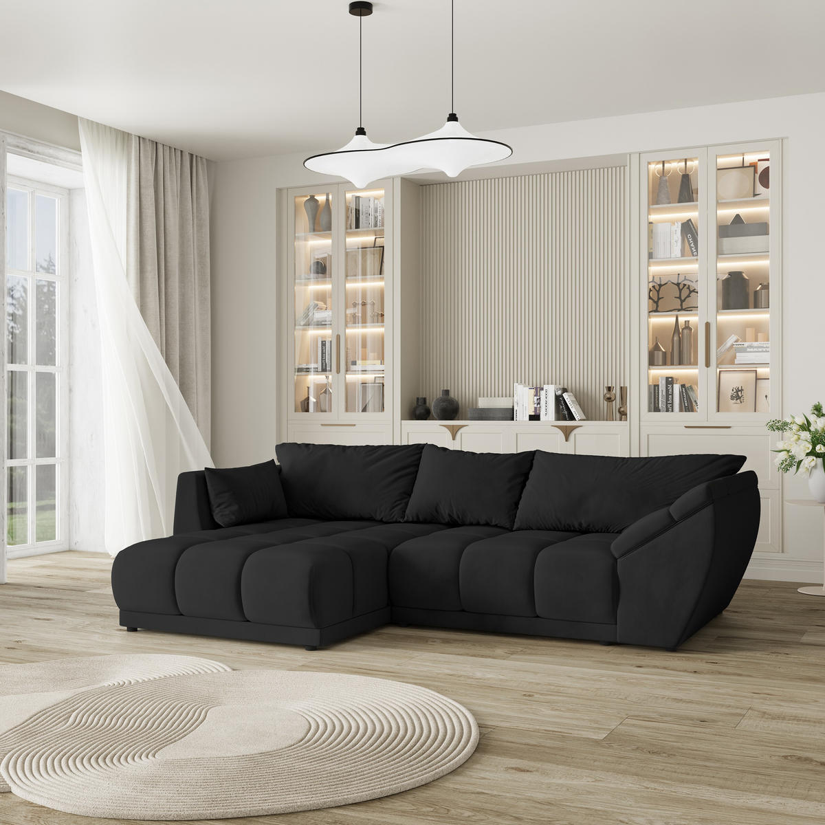 ECKSOFA ORENTI L-S Schwarz Velours-Stoff mit Schlaffunktion - Schwarz, Holz (287/182cm) - MASSENO
