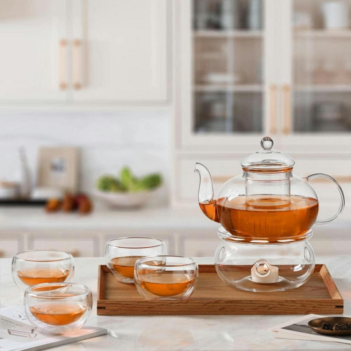 TEEKANNE Set Glas 1 Liter mit 4 Tassen und Teewärmer - Transparent, Glas (15/30cm)