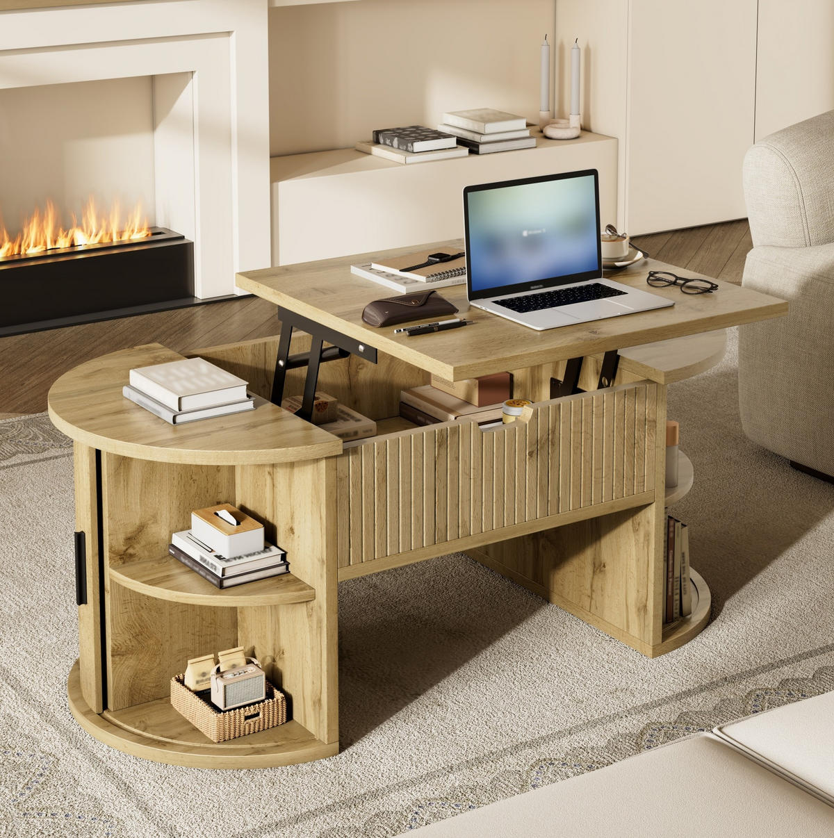 KONFERENČNÍ stolek z MDF 100x40,5x50 cm dubový s výškově nastavitelnou deskou, posuvnými dveřmi a úložným prostorem - barva dubu, kompozitní dřevo (100/50/40.5cm) - Modfu