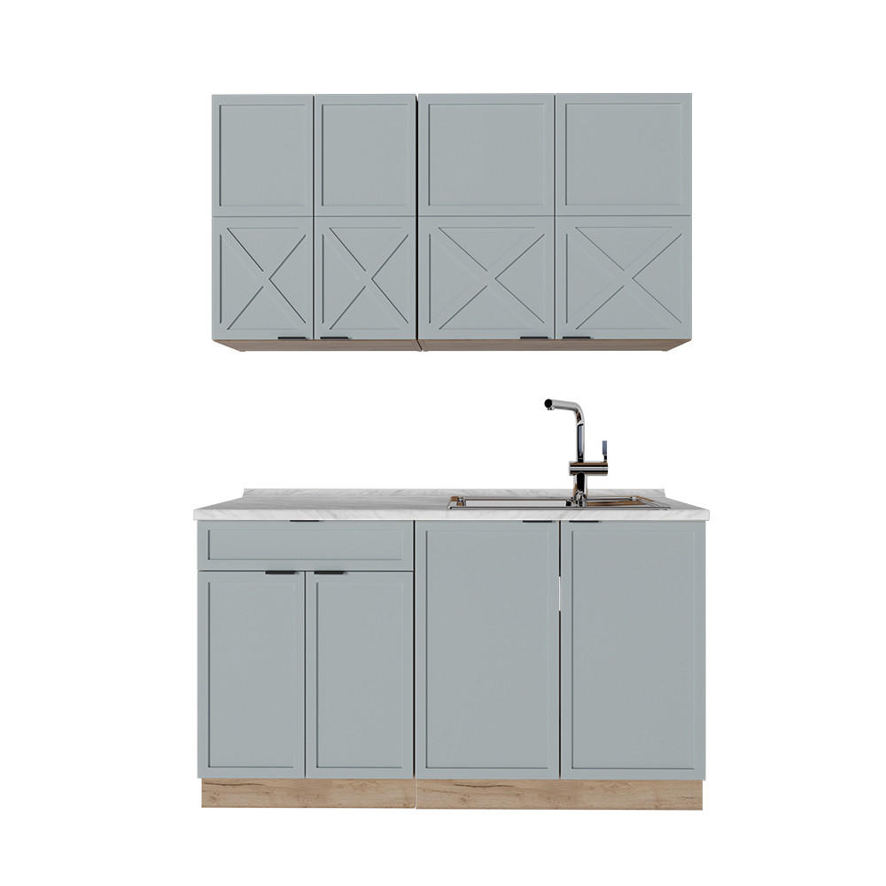 SINGLEKÜCHE Fame-Line Hellblau-grau/Goldkraft Eiche 140 cm, AP Marmor - Honigeiche/Blaugrau, Holzwerkstoff (140/81.6/60cm) - Vicco