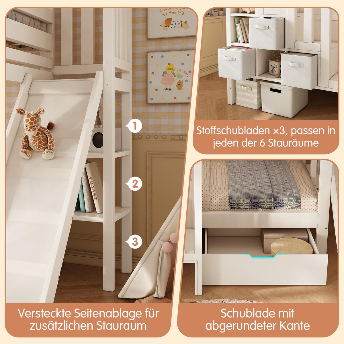 ETAGENBETT 90/200 cm mit Rutsche, Leiterschrank, Regalen und Schubladen, Weiß - Weiß, Holzwerkstoff (90/200cm) - Redom