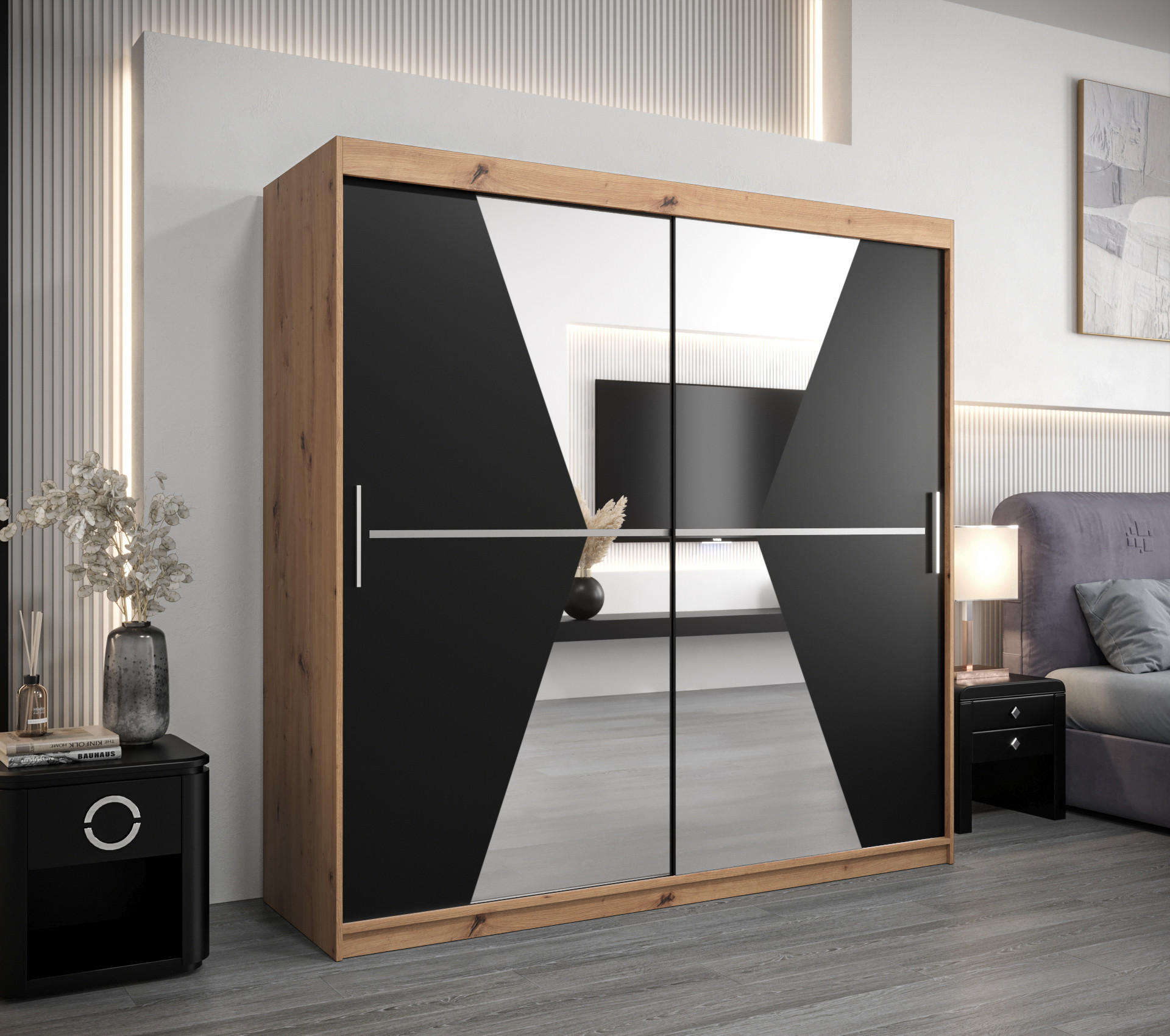 SCHWEBETÜRENSCHRANK 200/200/62 2-türig - Silberfarben/Schwarz, Holz/Kunststoff (200/200/62cm) - Abiks Möbel