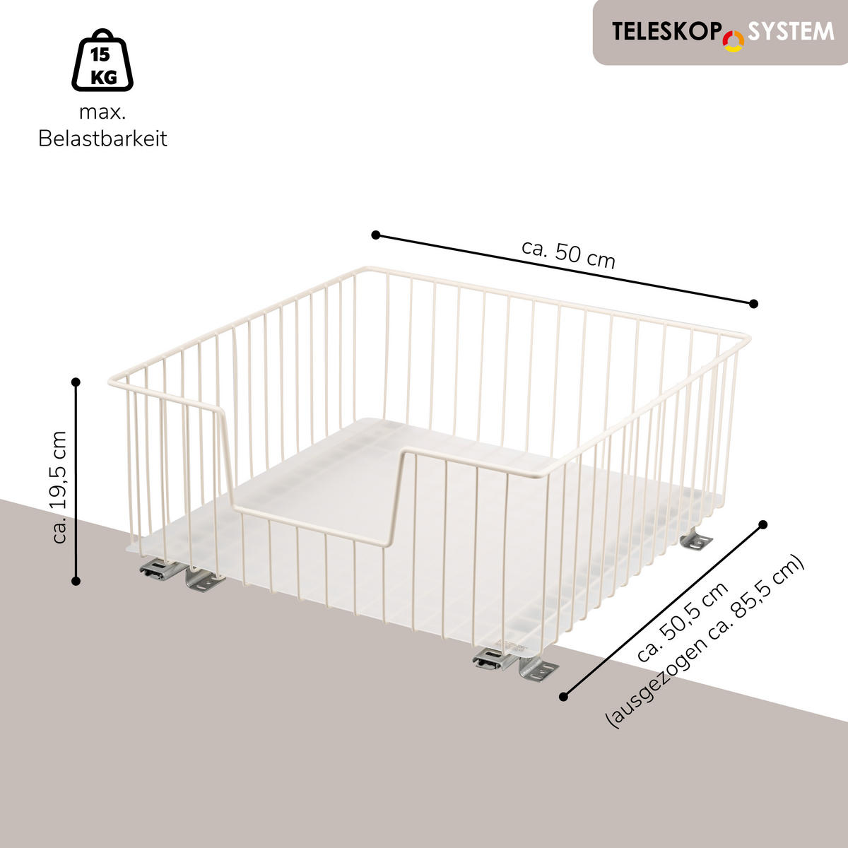 SCHRANK-KORBAUSZUG 50 cm mit Einlegeboden, cremeweiß - Creme, Metall (50/23/50.5cm) - bremermann
