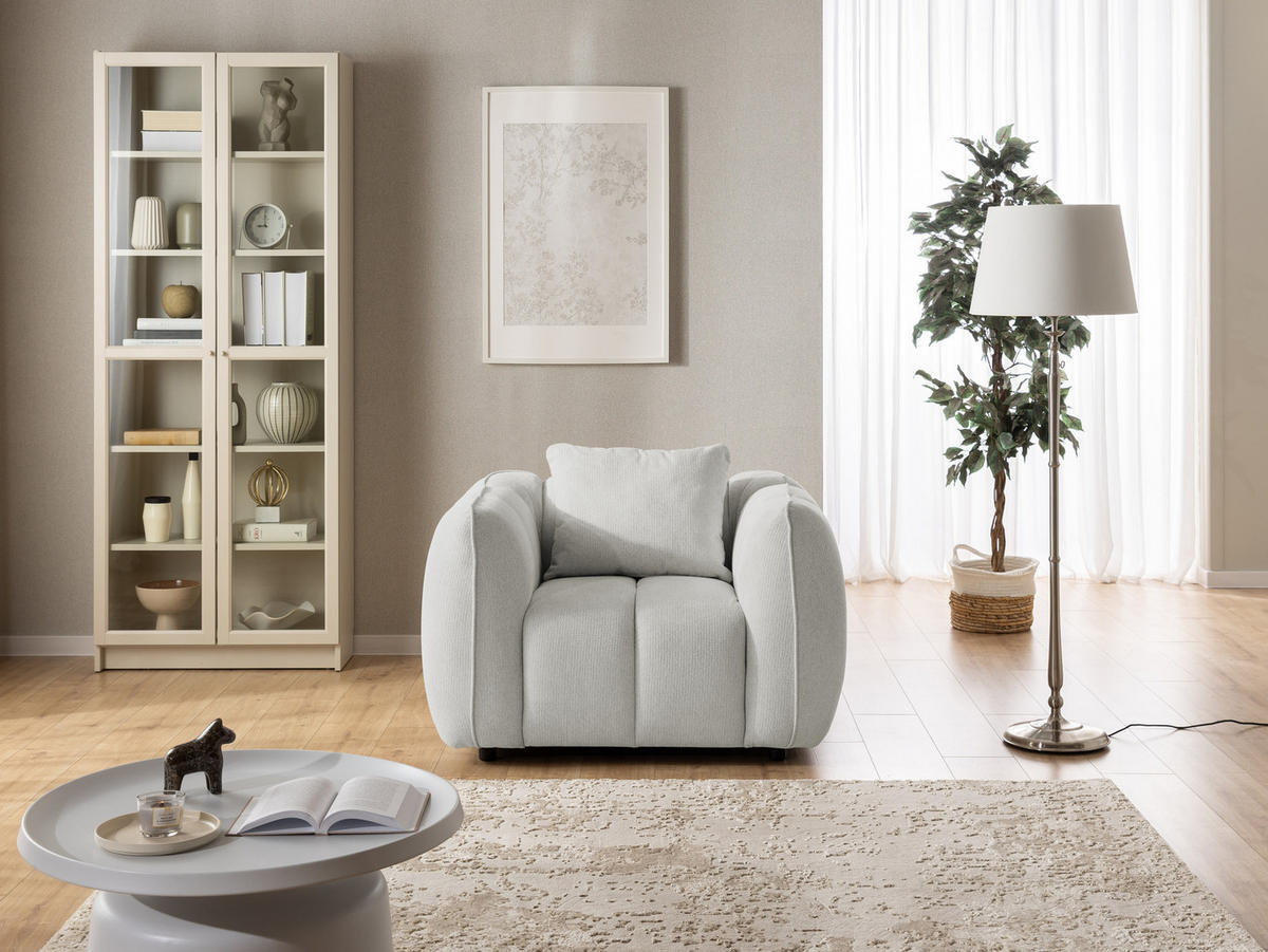 SESSEL Nubira in tief gesteppter Bubble-Optik aus weichem Hellgrau Strukturstoff im modernen Design - Hellgrau/Schwarz, Holz/Kunststoff (115/69/89cm) - S-Style Möbel