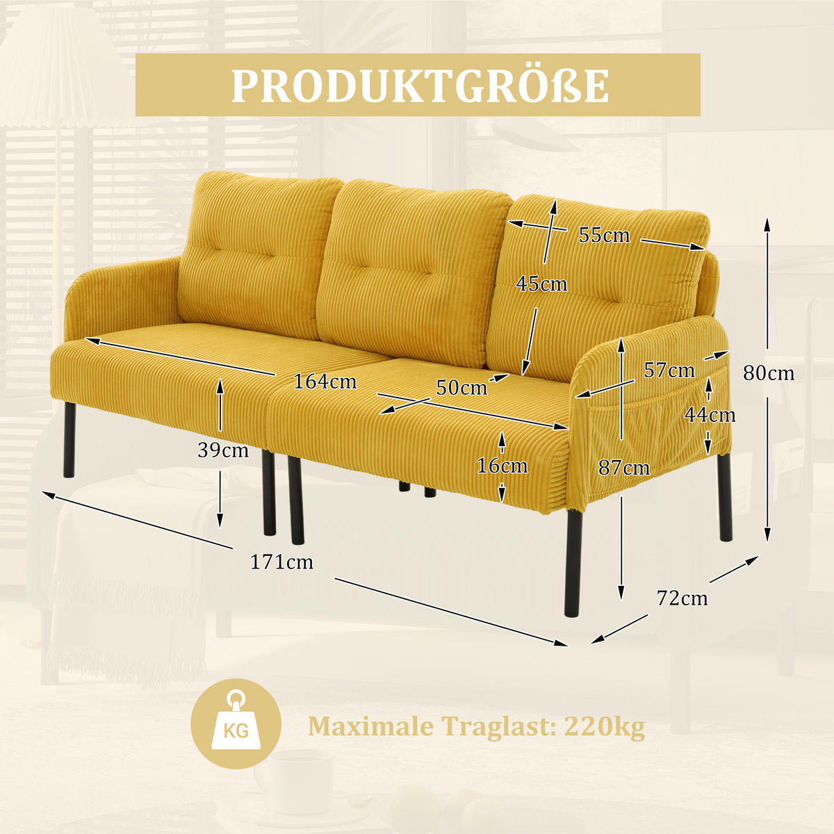 3-SITZER Sofa mit Seitentaschen, Metallgestell & Leinenstoff, 171cm, Gelb - Gelb/Schwarz, Textil/Metall (171/80/72cm) - LVHOM