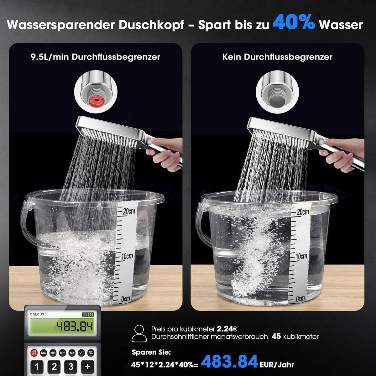 DUSCHKOPF mit Schlauch 2M Hochdruck Regendusche Wassersparend Silber - Silberfarben, Metall (19/12.7/28.5cm)