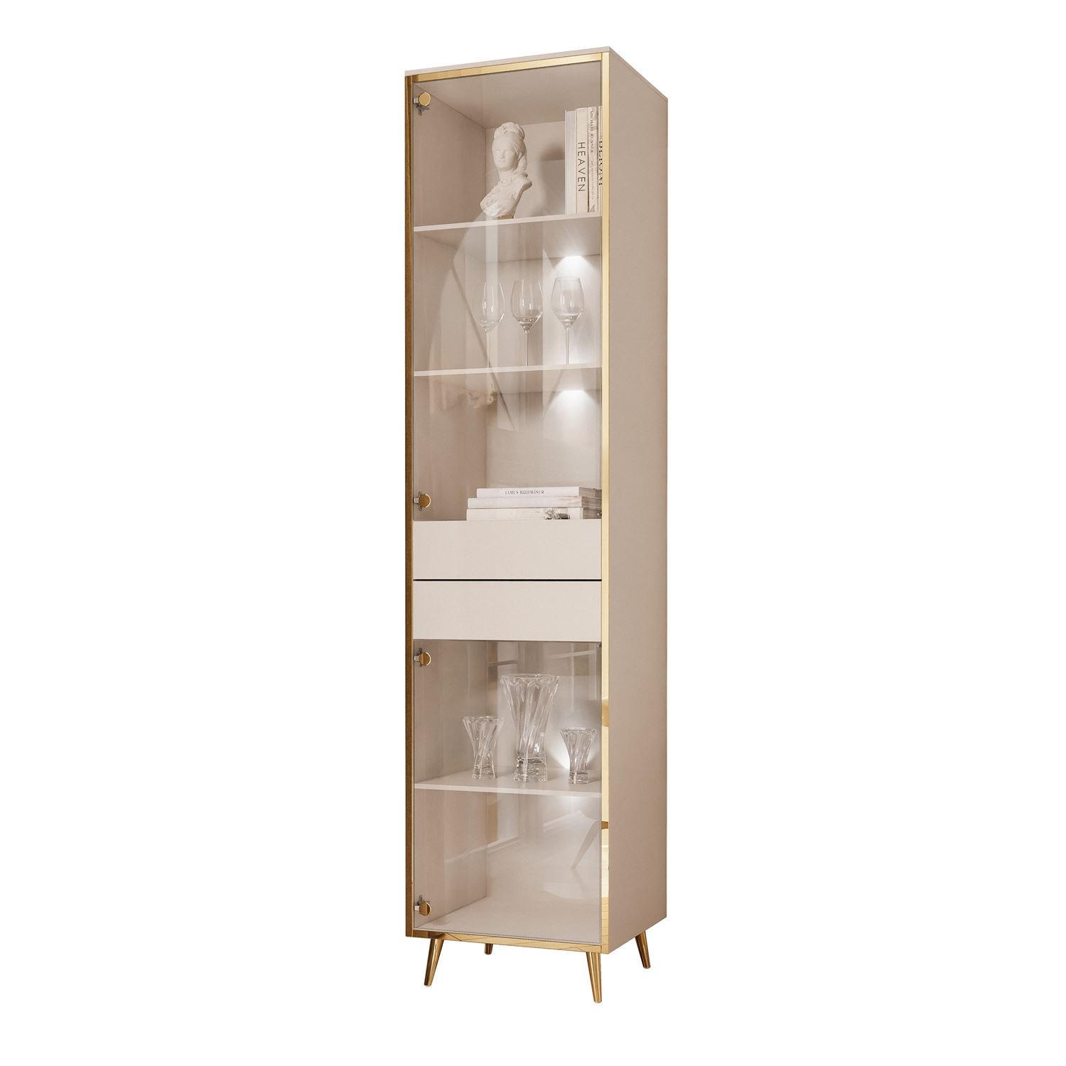 VITRINE AURORA in Kaschmir mit LED-Beleuchtung mit schräge Goldchrom Fuße - Kaschmir/Goldfarben, Holzwerkstoff/Metall (45/194/40cm) - Lookway
