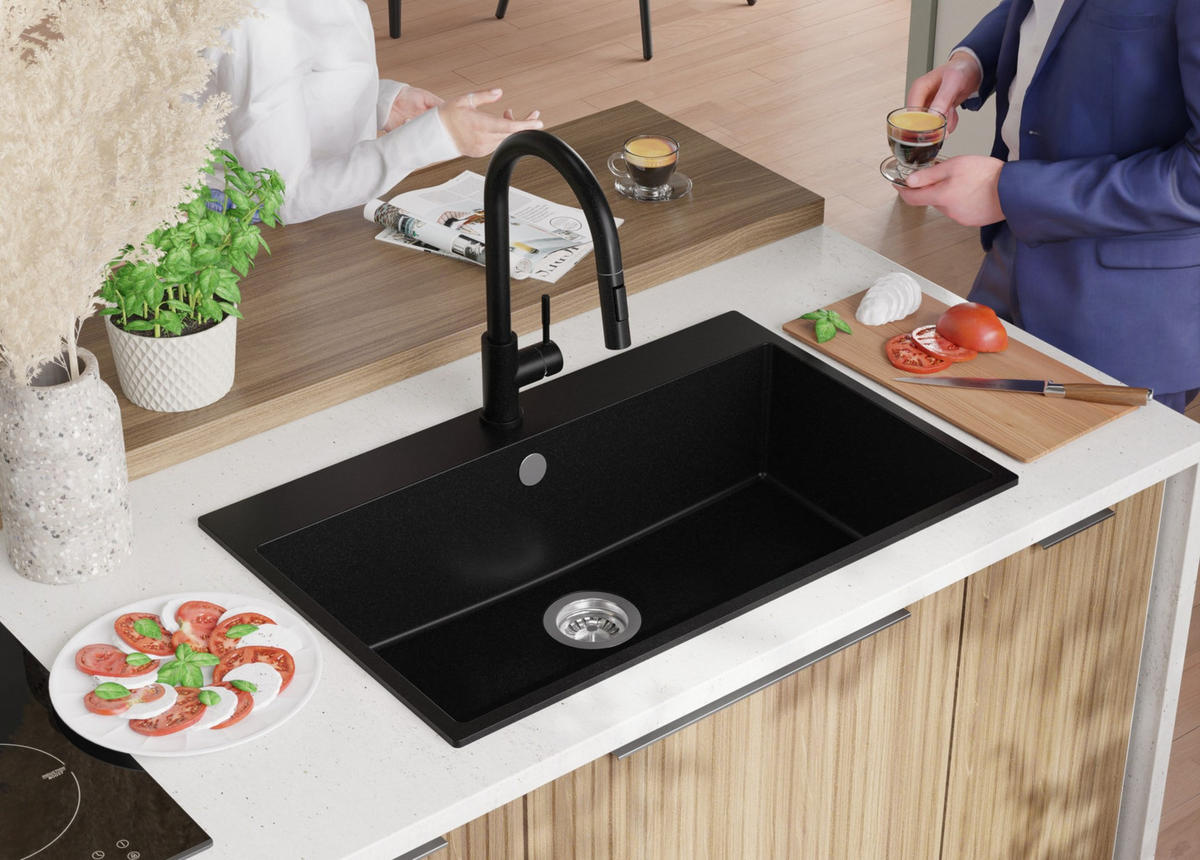 SPÜLBECKEN Riga, 2-er set Schwarz 78/50 cm 1 Becken + Ablauf-Set ab 80er Unterschrank - Chromfarben/Schwarz, Kunststoff (78/20/50cm) - Primagran