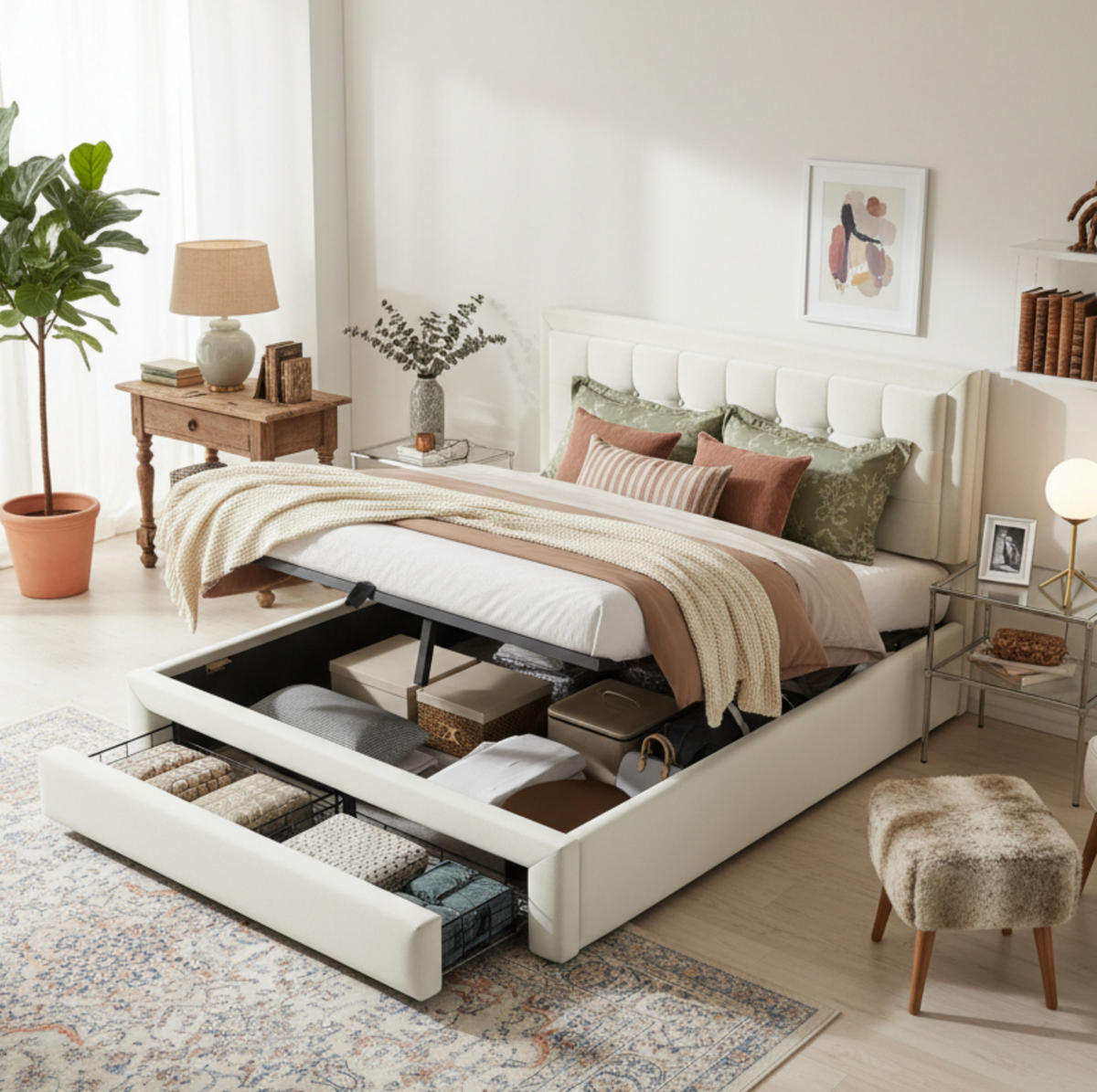 POLSTERBETT 140/200 cm mit verstellbarem Kopfteil, hydraulischem Stauraum und 2 Schubladen, Samt Beige - Beige, Textil (140/200cm) - Redom