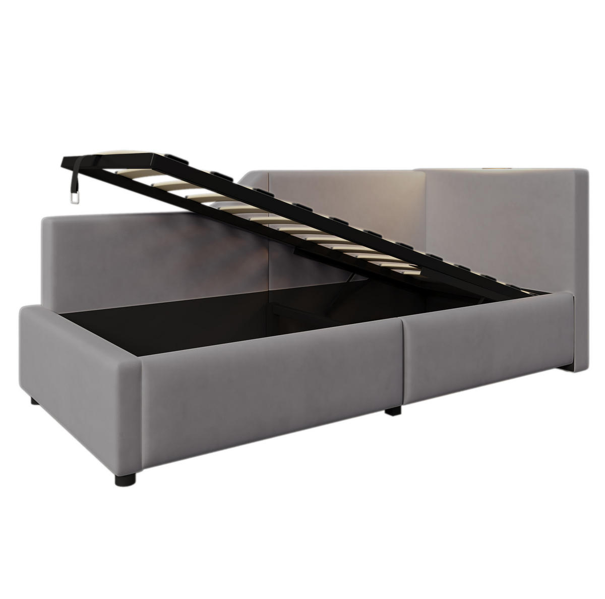 POLSTERBETT 90/190 cm mit hydraulischem Stauraum, USB-C, Leselampe und Lattenrost, Samt, Grau - Grau, Holz (90/190cm) - Redom