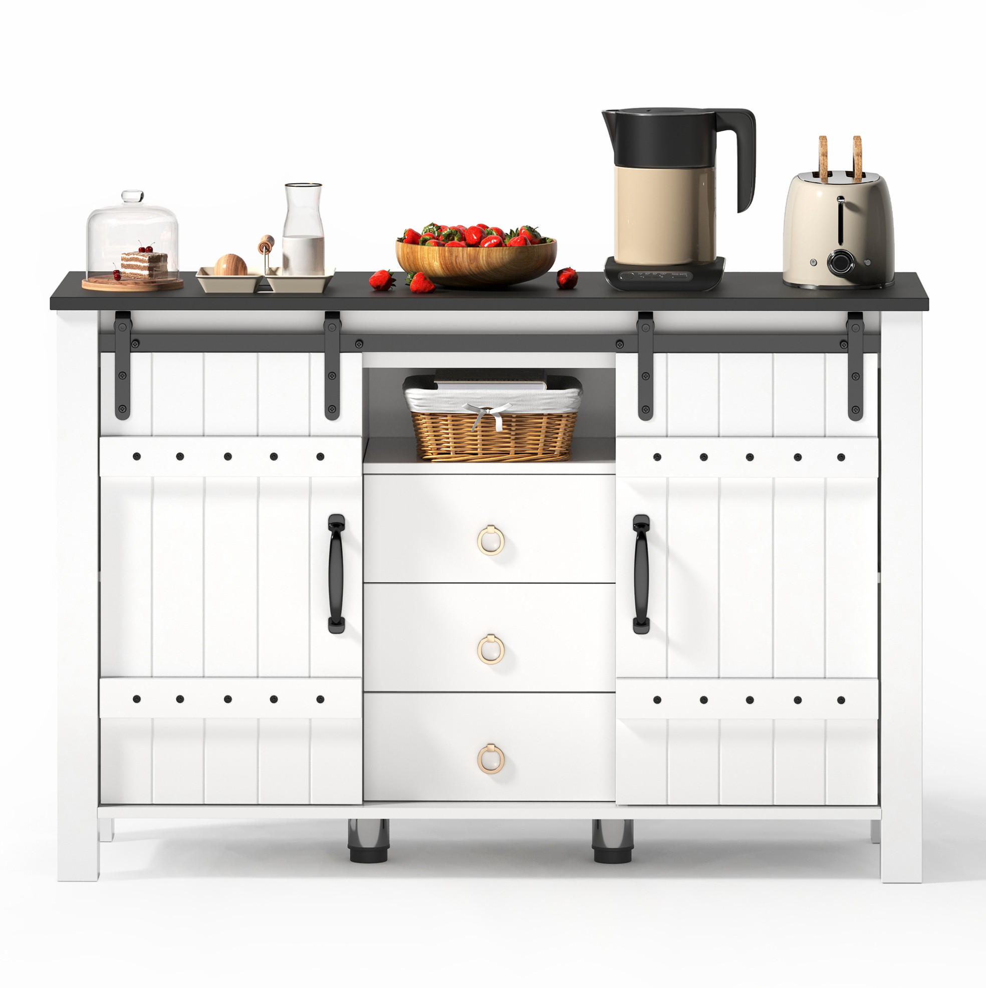 SIDEBOARD aus MDF 120x40x80 cm Weiß mit Schiebetüren und 3 Schubladen im Landhausstil - Weiß, Holzwerkstoff (120/80/40cm) - Modfu