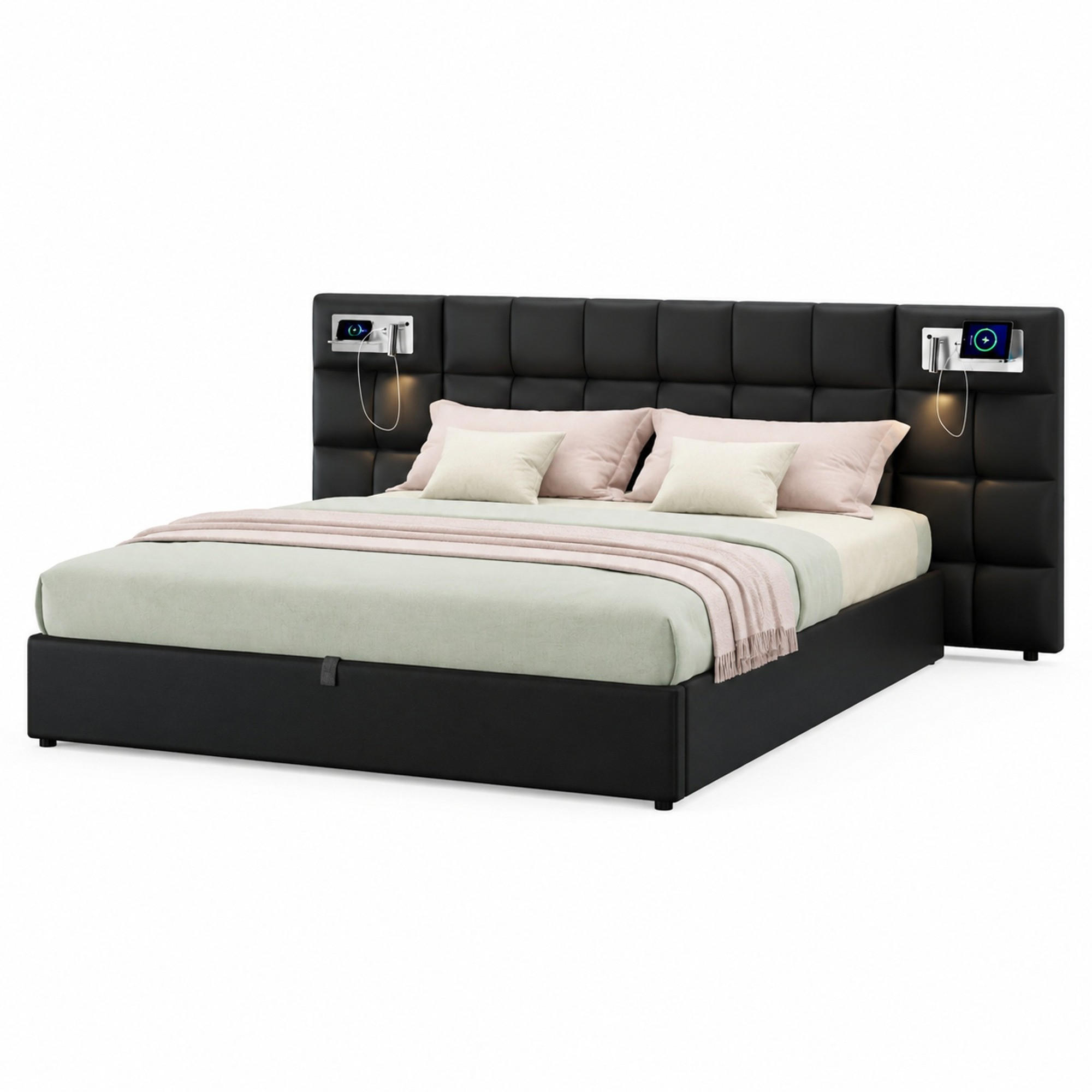 POLSTERBETT 180/200 mit Bettkasten, USB und Wireless Charging in Schwarz - Schwarz, Holzwerkstoff/Textil (180/200cm) - EVRYAE