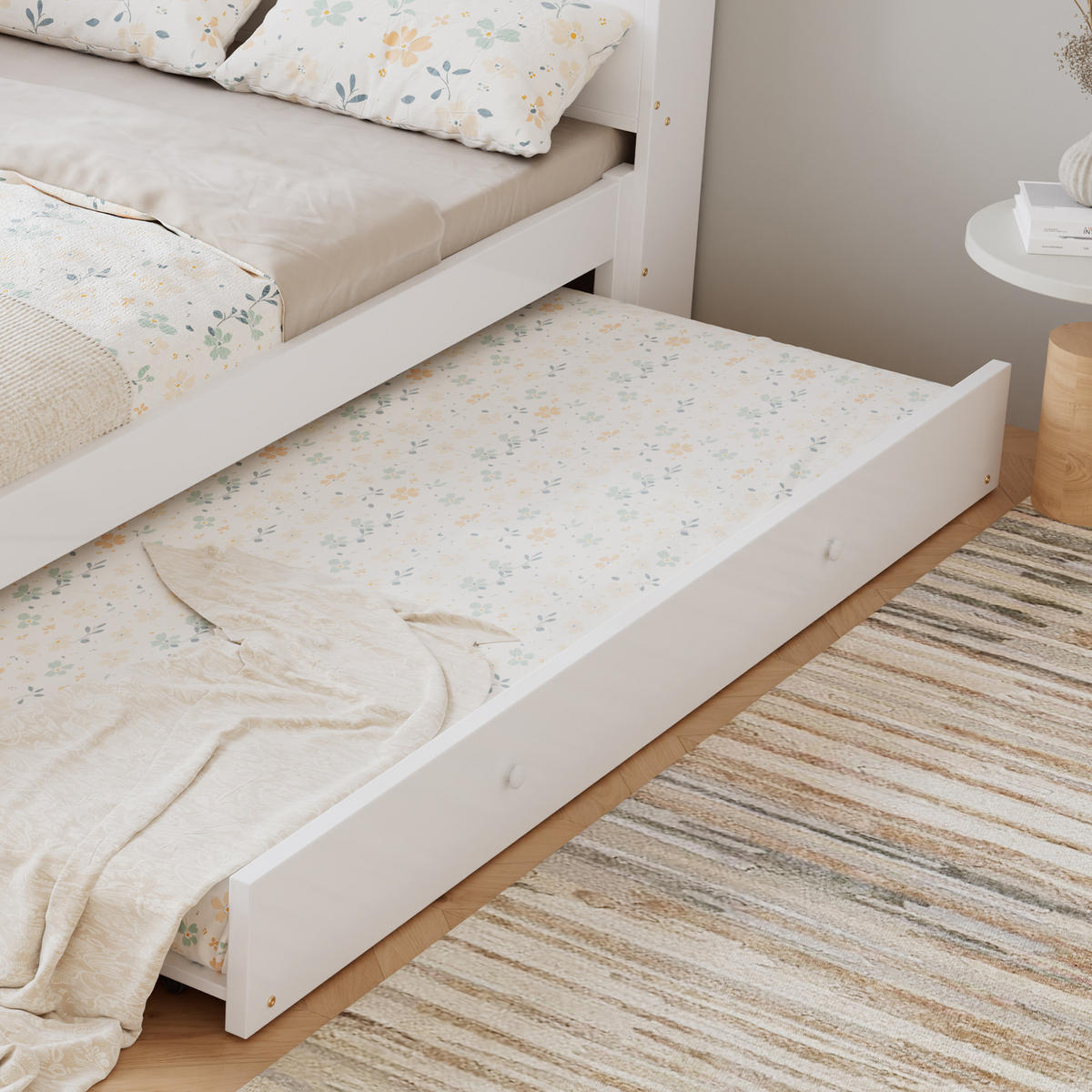 BETT 120/200 cm in Weiß mit Ausziehbett, Stauraumregal, Kopfteilablage und Ladestation - Weiß, Holzwerkstoff (120/200cm) - STILVORA