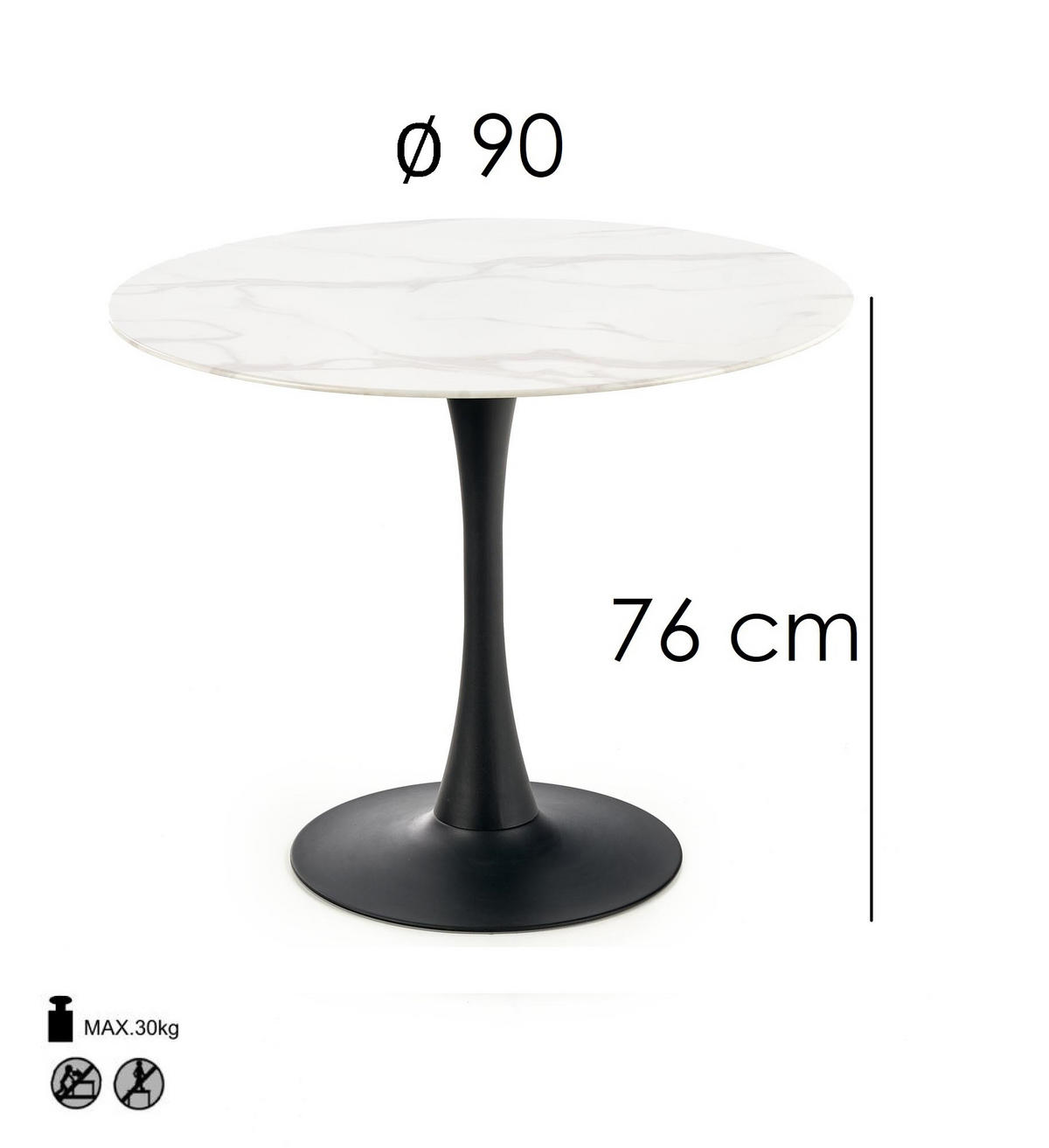 ESSTISCH rund Glas Marmor Schwarz 90x76 cm - Schwarz/Weiß, Holzwerkstoff (90/90/76cm) - designimpex