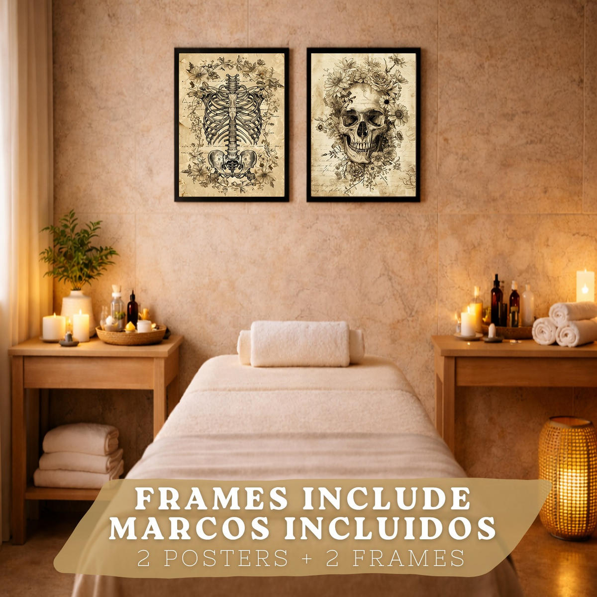 POSTER Set aus 2 Anatomie Mensch Drucke und Wandbilder mit Schädel Wirbelsäule Rippen Becken Klassisches Vintage Design Größe Schwarzer Rahmen A4 - Schwarz, Papier (21/29.7/3cm) - Nacnic