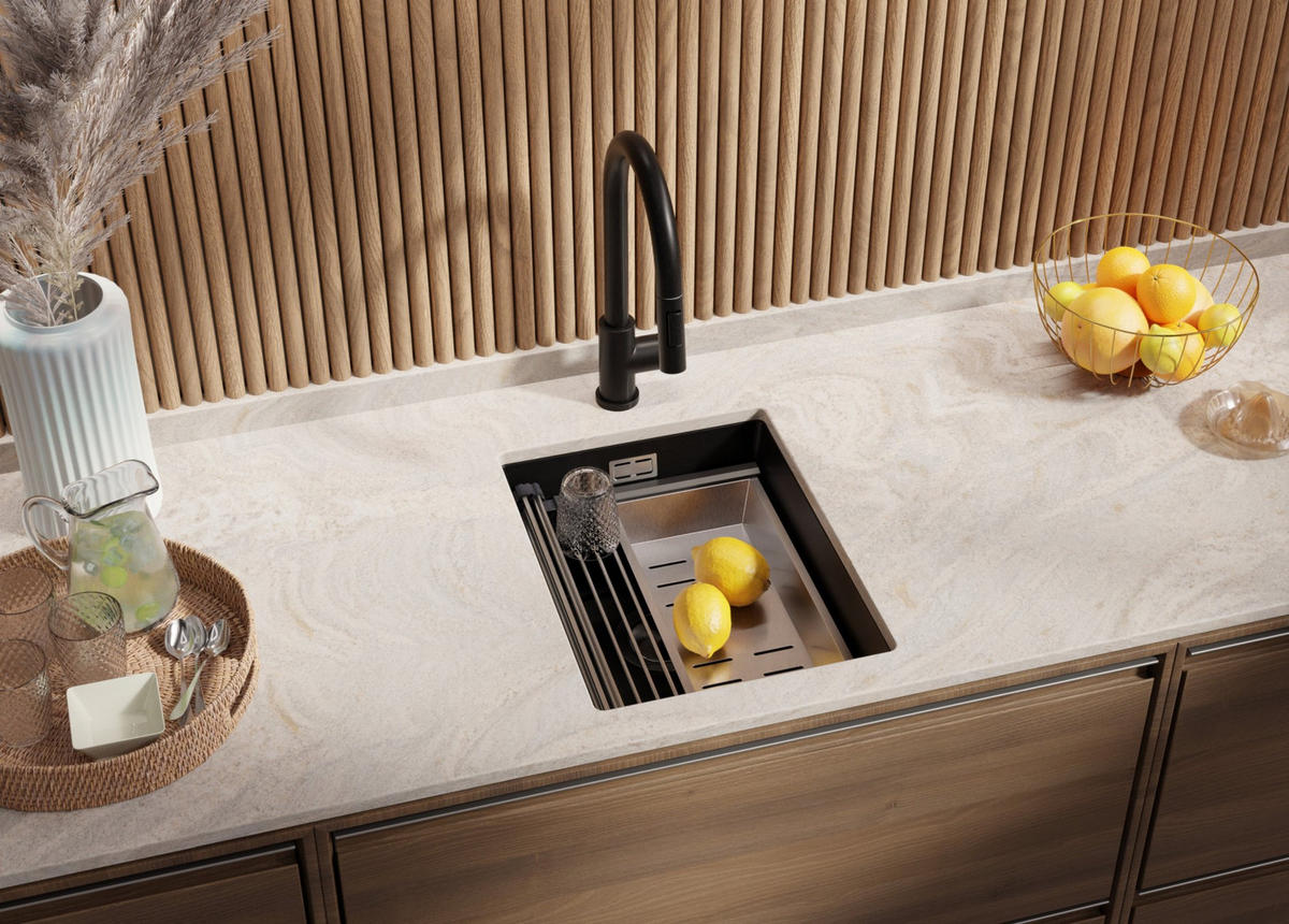 UNTERBAUSPÜLE GRANIT Praga, 2-er set Schwarz 36/47 cm 1 Becken + Küchenarmatur 40/38 cm + Ablauf-Set + Aufrollbare Abtropffläche ab 40er Unterschrank - Schwarz, Kunststoff (36/20/47cm) - Primagran