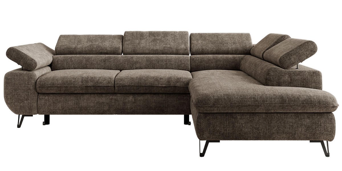 ECKSOFA PABLO L Braun Schenille grob gewebt - Rechts Seite mit T25 Topper - Schwarz/Braun, Textil/Metall (273/208cm) - MKS