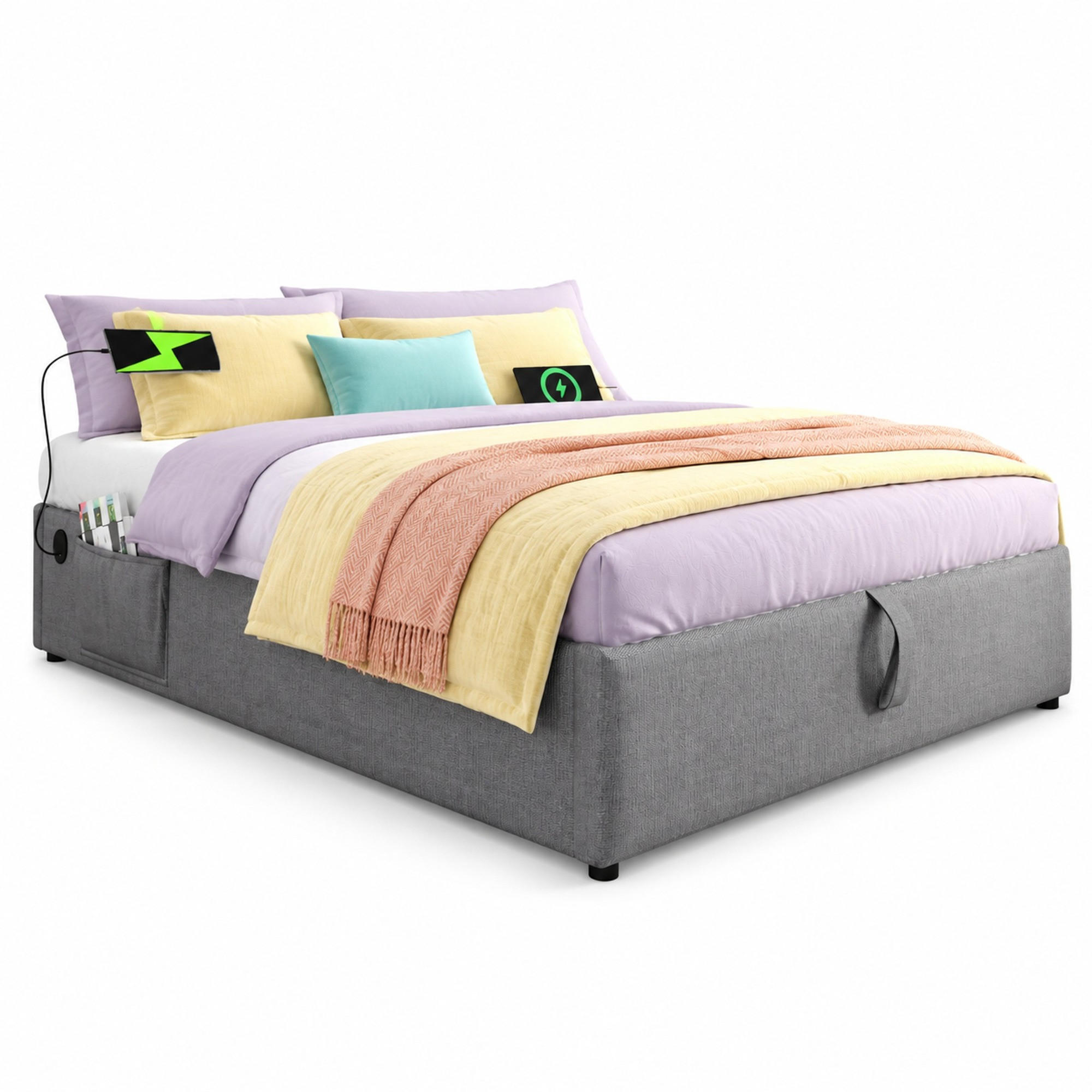 POLSTERBETT 140/200 mit Bettkasten, USB und Type-C in Grau - Grau, Holzwerkstoff/Textil (140/200cm) - EVRYAE